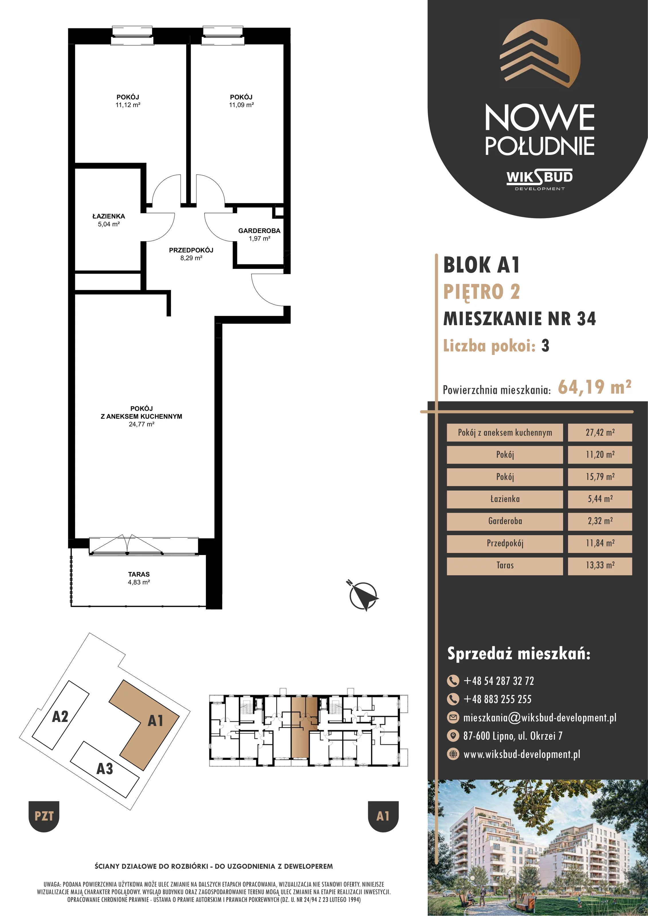 3 pokoje, mieszkanie 62,28 m², piętro 2, oferta nr M.A1.02.34, Nowe Południe, Włocławek, Południe, ul. Kazimierza Łady 10
