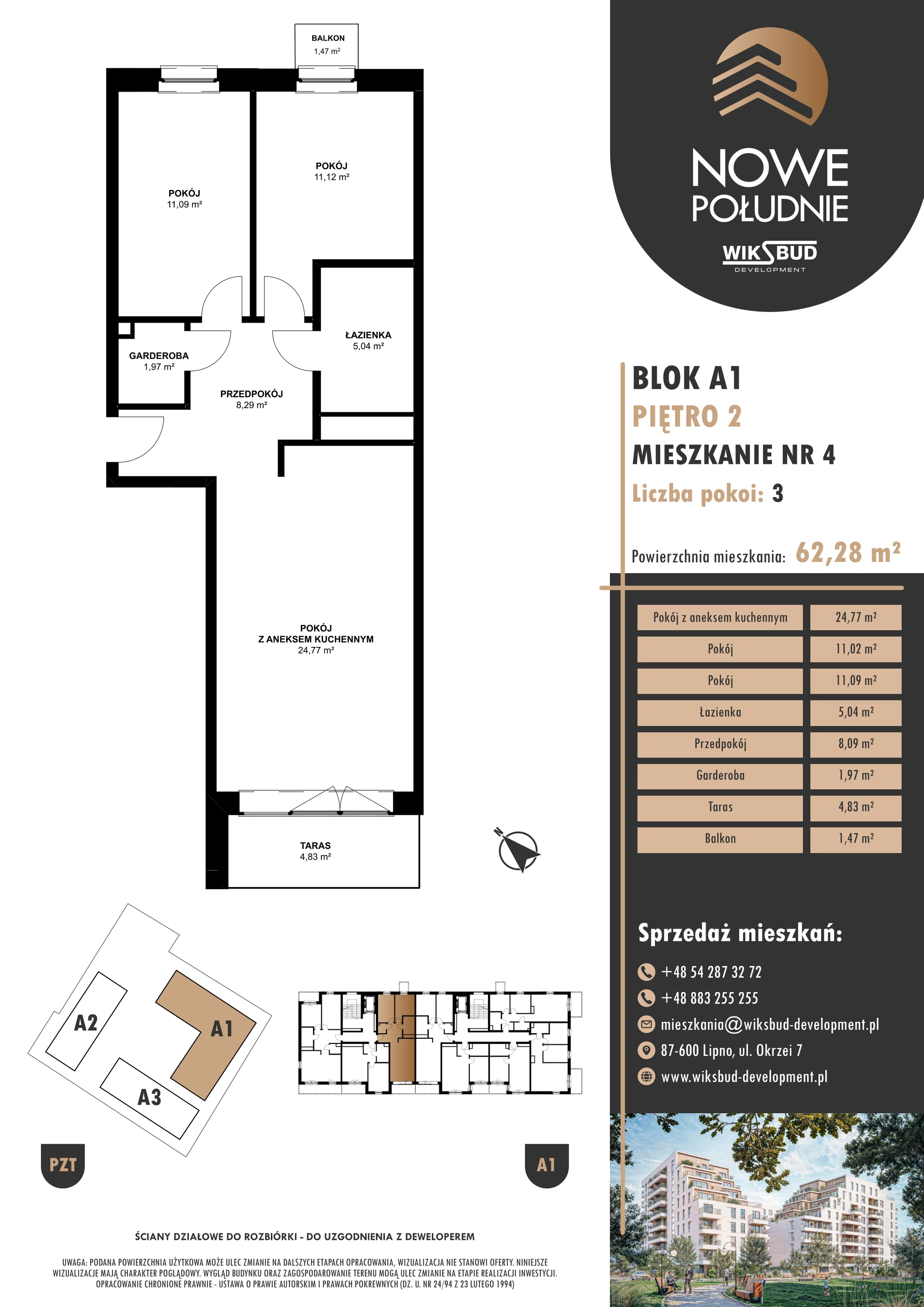 3 pokoje, mieszkanie 62,28 m², piętro 2, oferta nr M.A1.02.04, Nowe Południe, Włocławek, Południe, ul. Kazimierza Łady 10