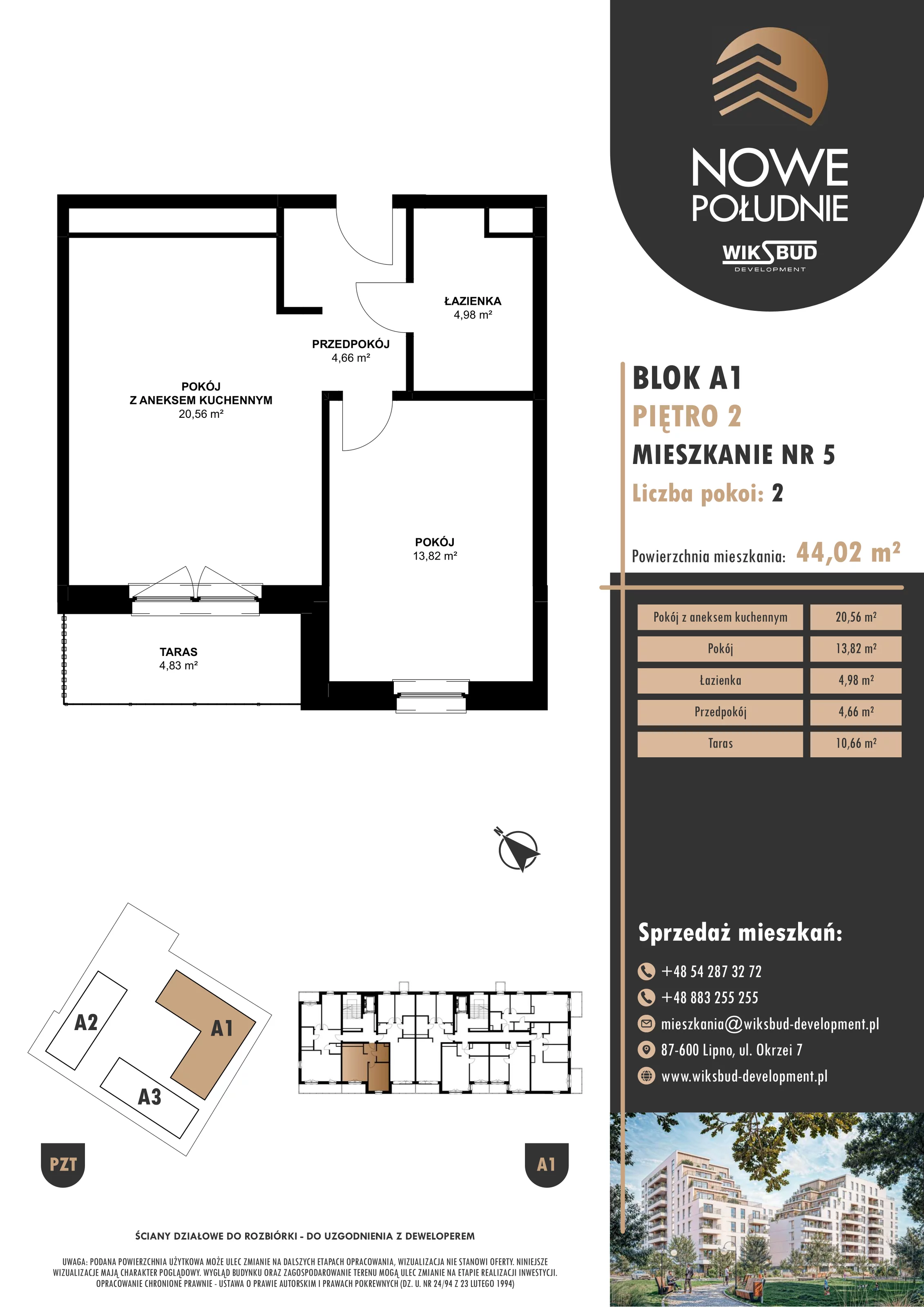2 pokoje, mieszkanie 44,02 m², piętro 2, oferta nr M.A1.02.05, Nowe Południe, Włocławek, Południe, ul. Kazimierza Łady 10
