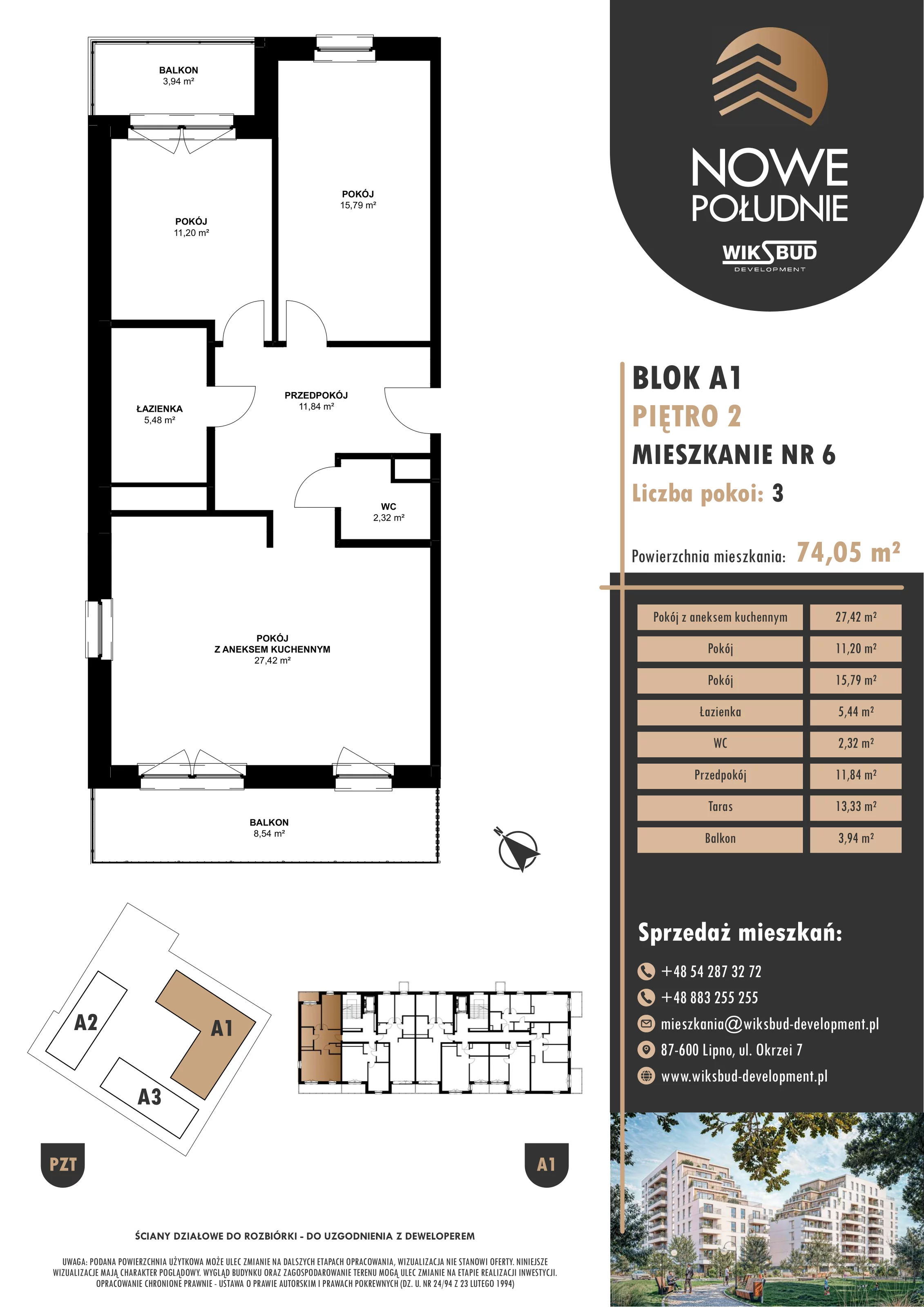 3 pokoje, mieszkanie 74,05 m², piętro 2, oferta nr M.A1.02.06, Nowe Południe, Włocławek, Południe, ul. Kazimierza Łady 10