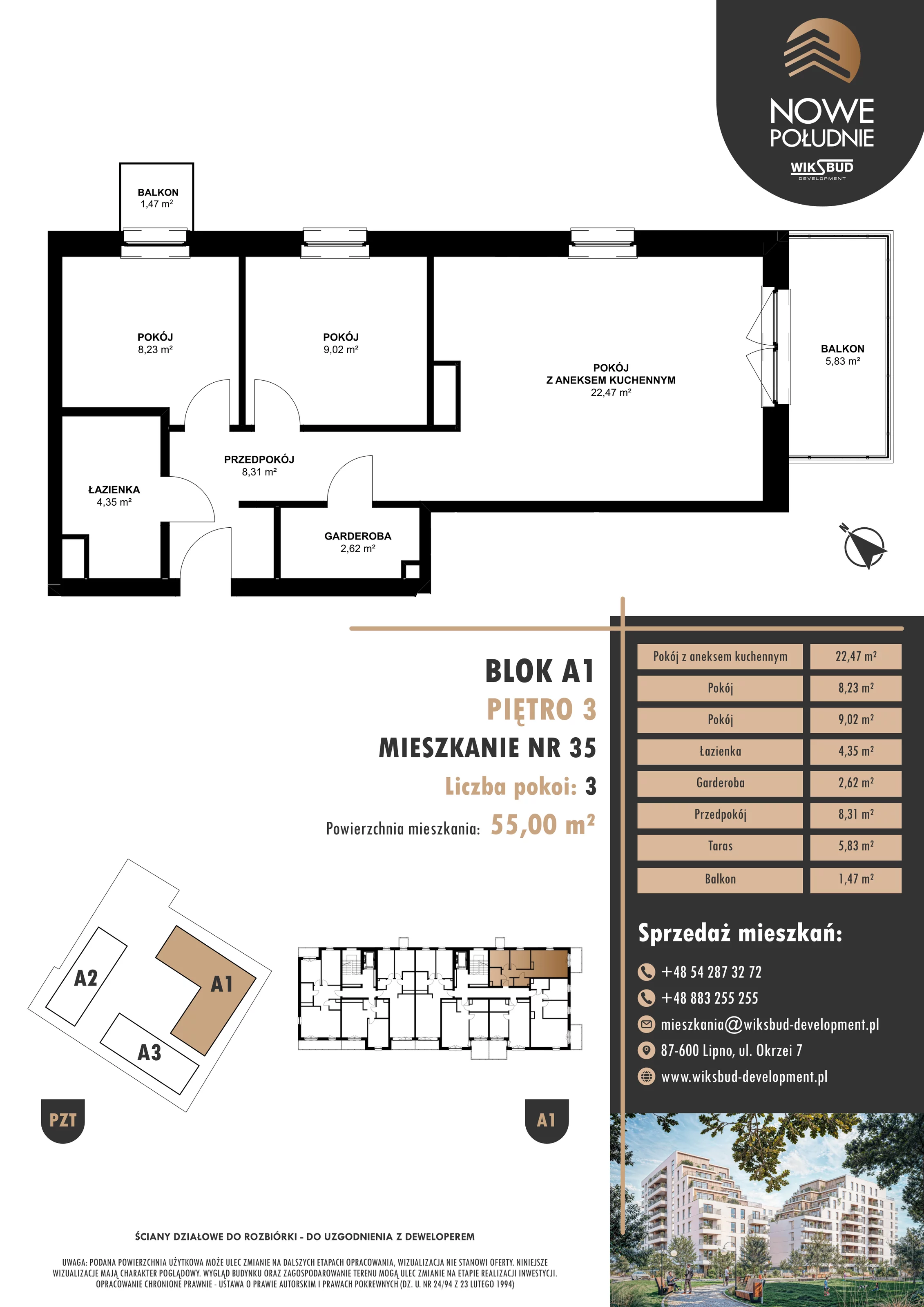 3 pokoje, mieszkanie 55,00 m², piętro 3, oferta nr M.A1.03.35, Nowe Południe, Włocławek, Południe, ul. Kazimierza Łady 10