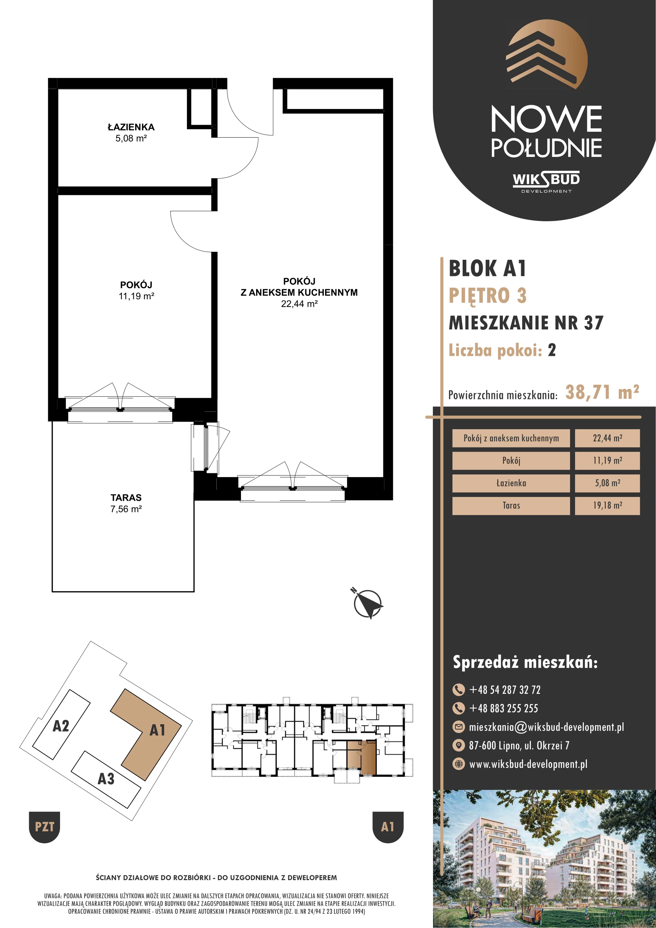 2 pokoje, mieszkanie 38,71 m², piętro 3, oferta nr M.A1.03.37, Nowe Południe, Włocławek, Południe, ul. Kazimierza Łady 10
