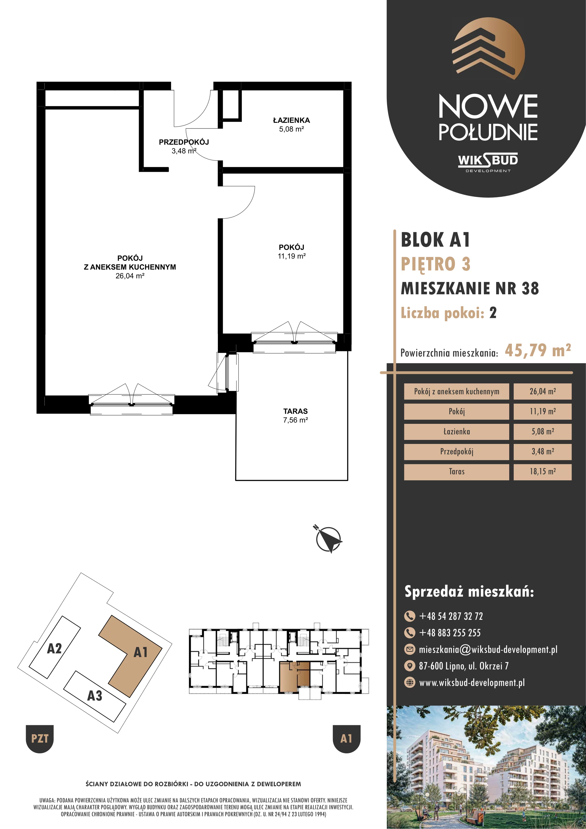 2 pokoje, mieszkanie 45,79 m², piętro 3, oferta nr M.A1.03.38, Nowe Południe, Włocławek, Południe, ul. Kazimierza Łady 10