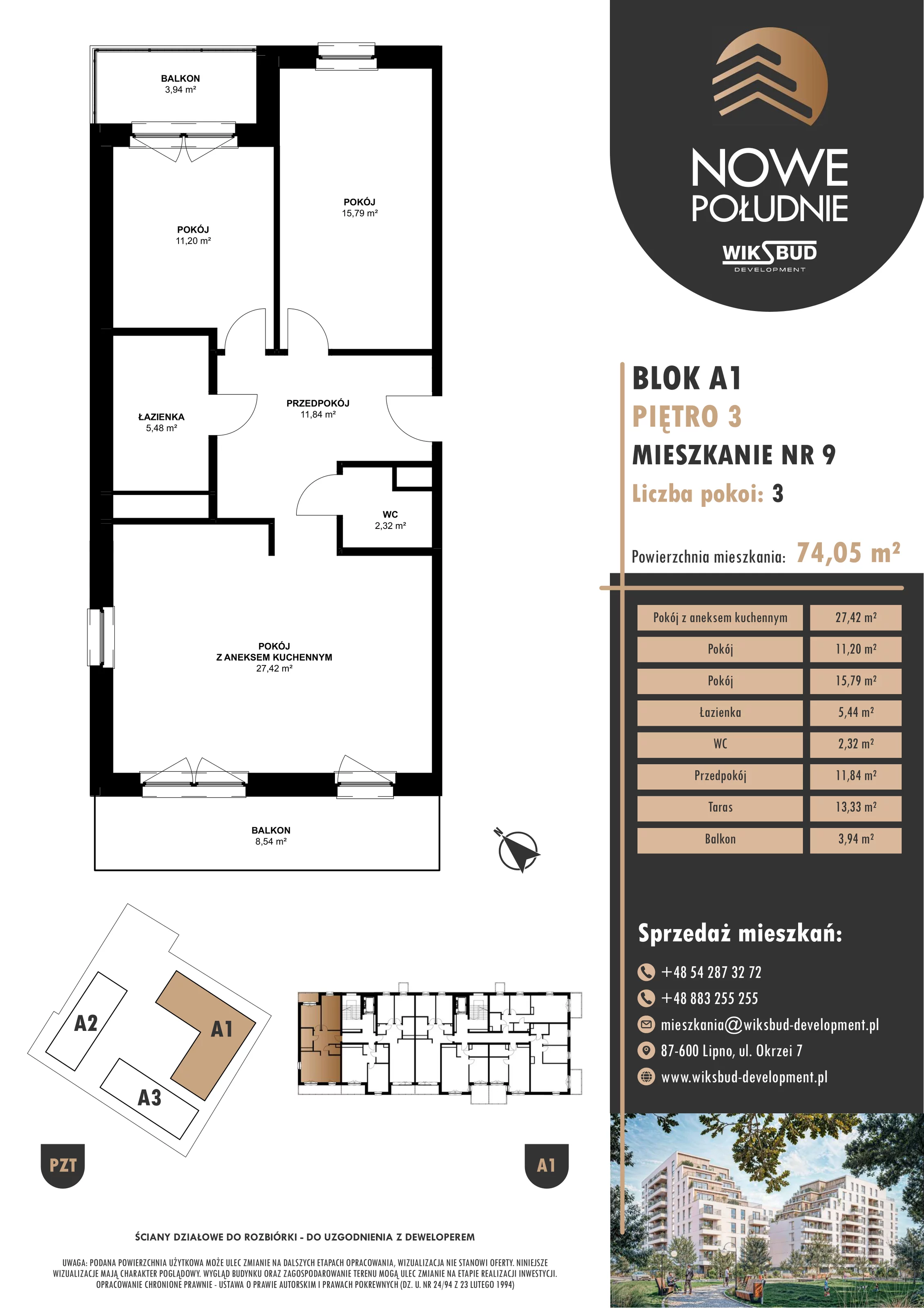3 pokoje, mieszkanie 74,05 m², piętro 3, oferta nr M.A1.03.09, Nowe Południe, Włocławek, Południe, ul. Kazimierza Łady 10