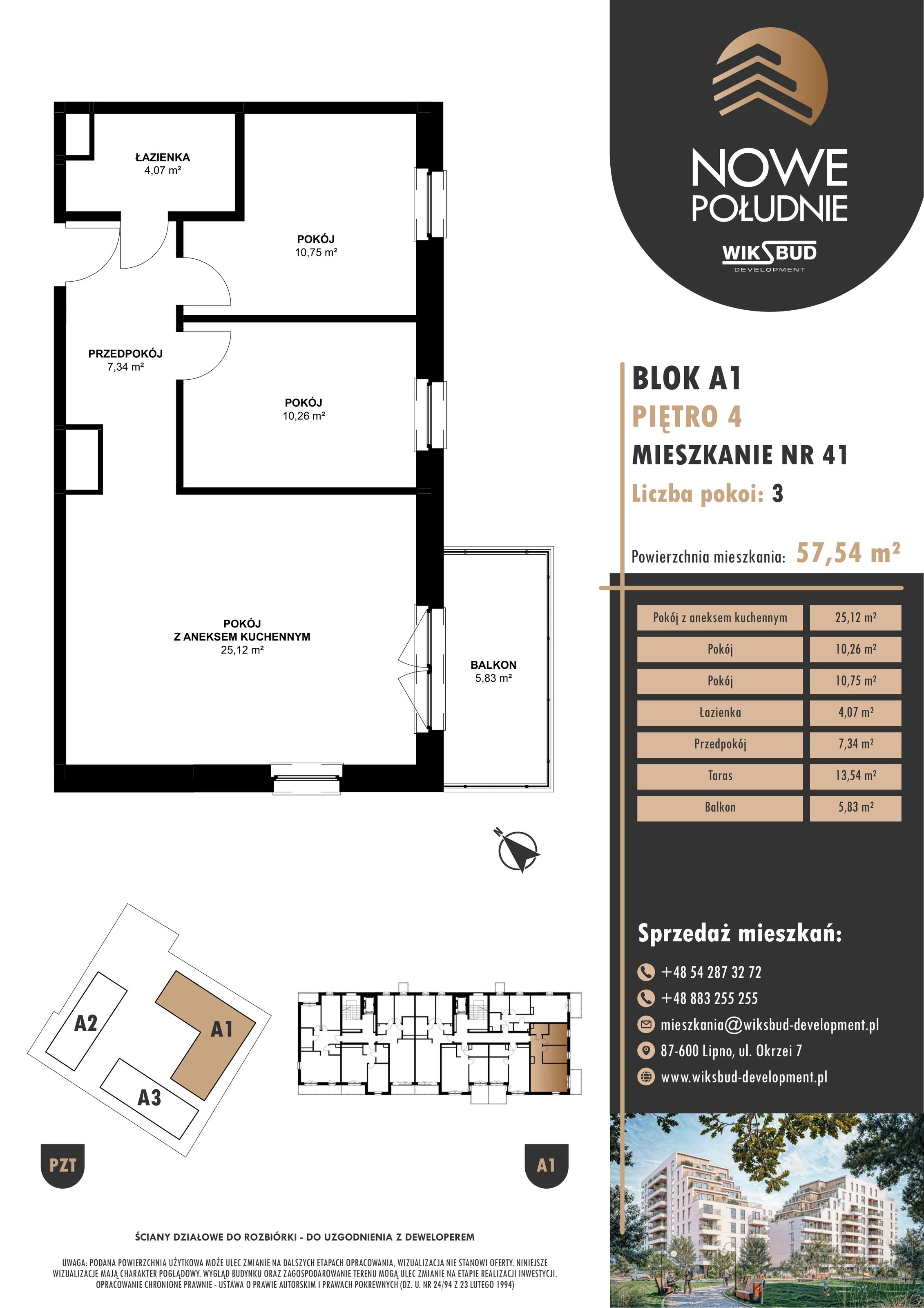 3 pokoje, mieszkanie 57,54 m², piętro 4, oferta nr M.A1.04.41, Nowe Południe, Włocławek, Południe, ul. Kazimierza Łady 10