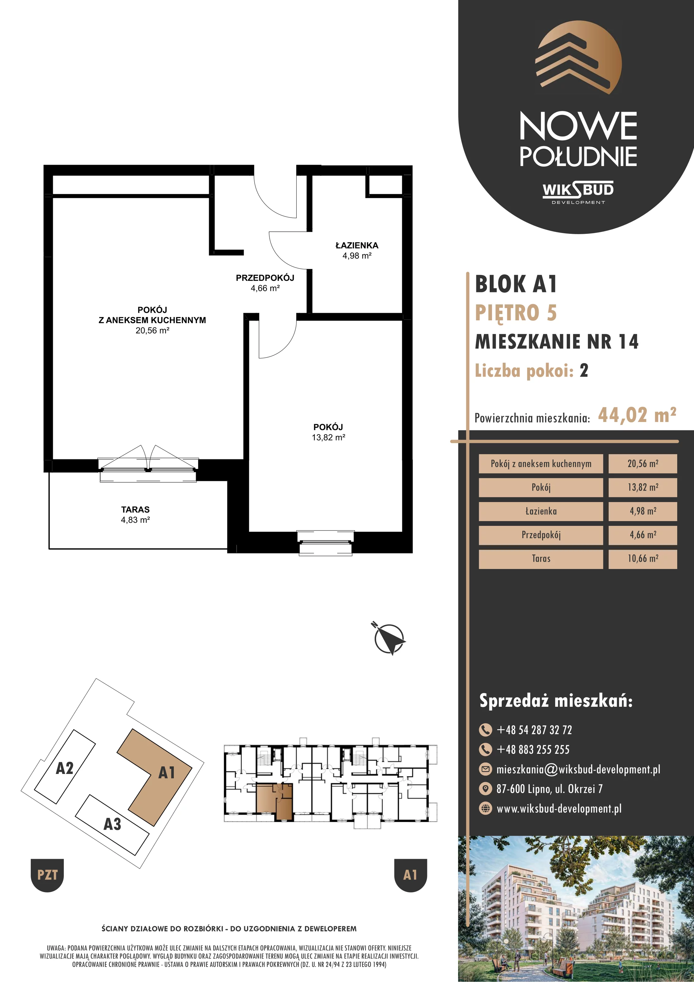 2 pokoje, mieszkanie 44,02 m², piętro 5, oferta nr M.A1.05.14, Nowe Południe, Włocławek, Południe, ul. Kazimierza Łady 10