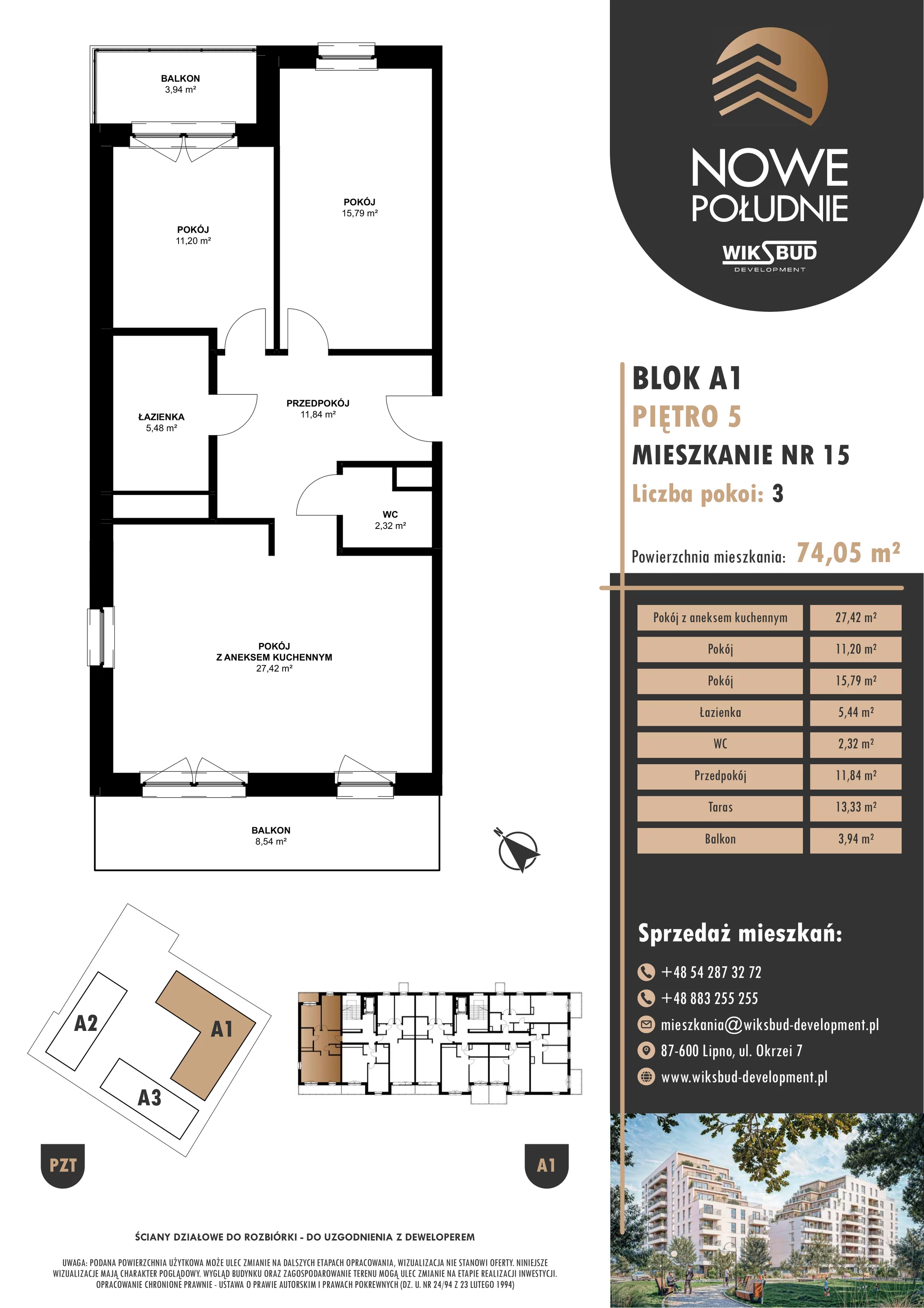3 pokoje, mieszkanie 74,05 m², piętro 5, oferta nr M.A1.05.15, Nowe Południe, Włocławek, Południe, ul. Kazimierza Łady 10