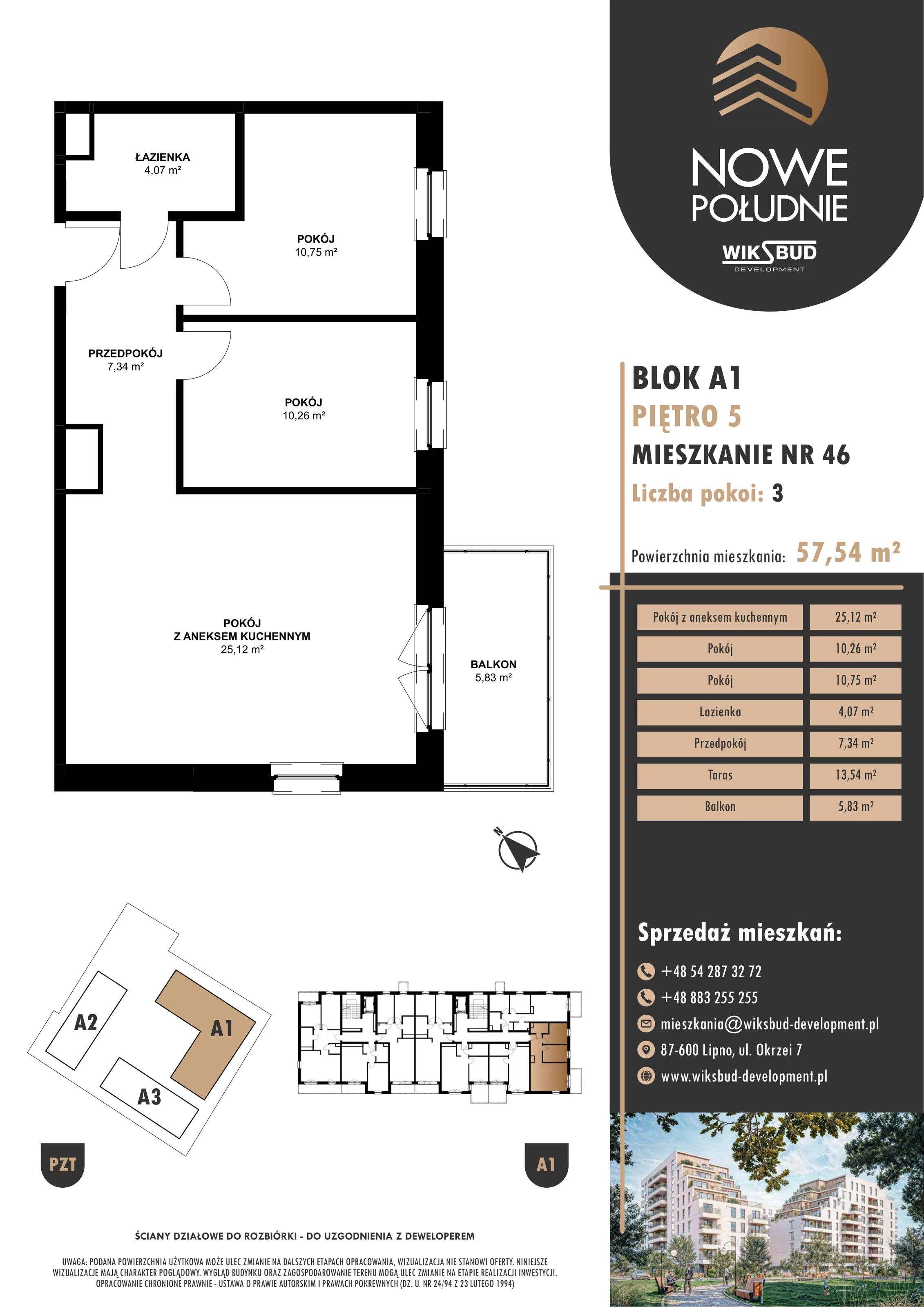 3 pokoje, mieszkanie 57,54 m², piętro 5, oferta nr M.A1.05.46, Nowe Południe, Włocławek, Południe, ul. Kazimierza Łady 10