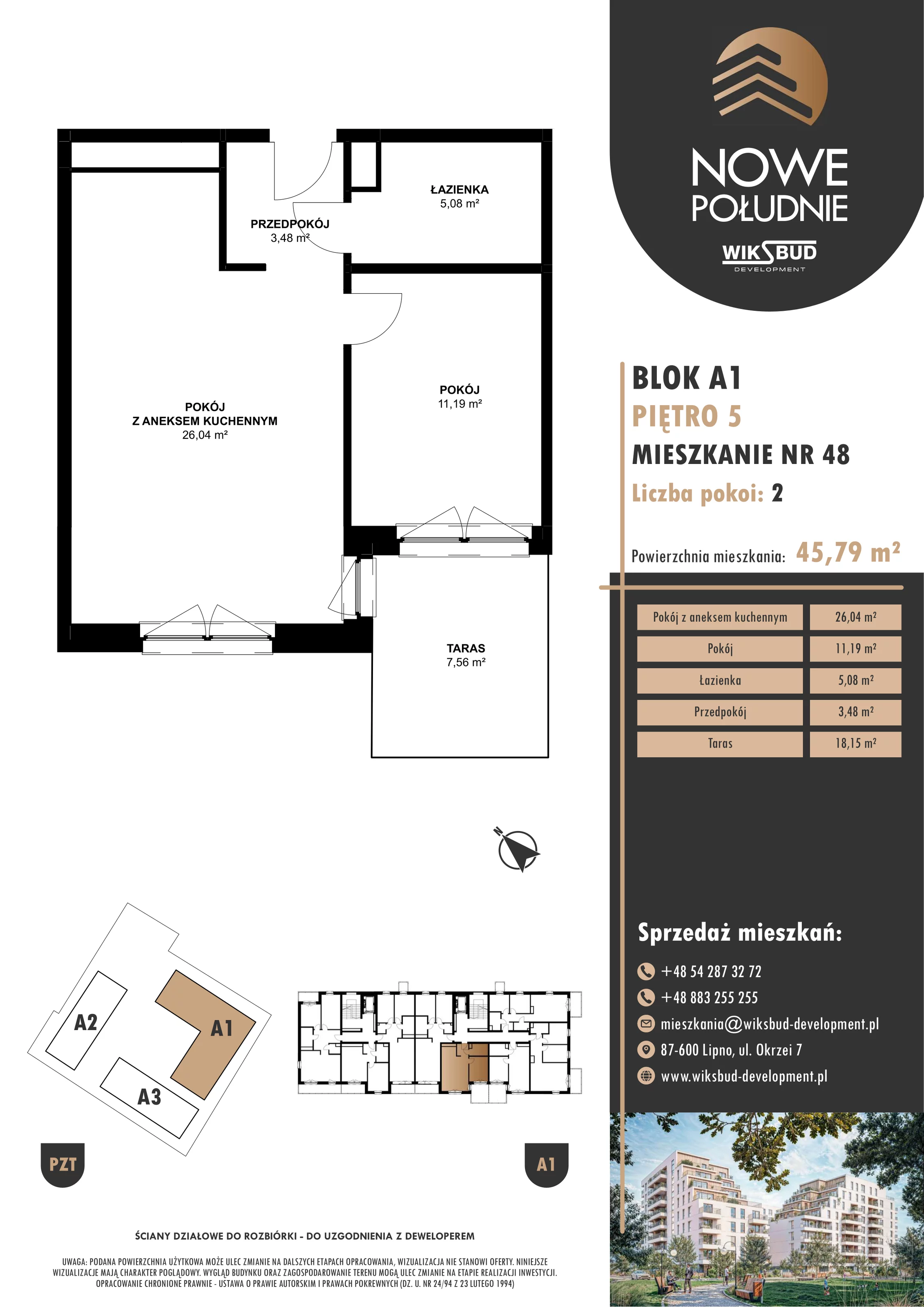 2 pokoje, mieszkanie 45,79 m², piętro 5, oferta nr M.A1.05.48, Nowe Południe, Włocławek, Południe, ul. Kazimierza Łady 10