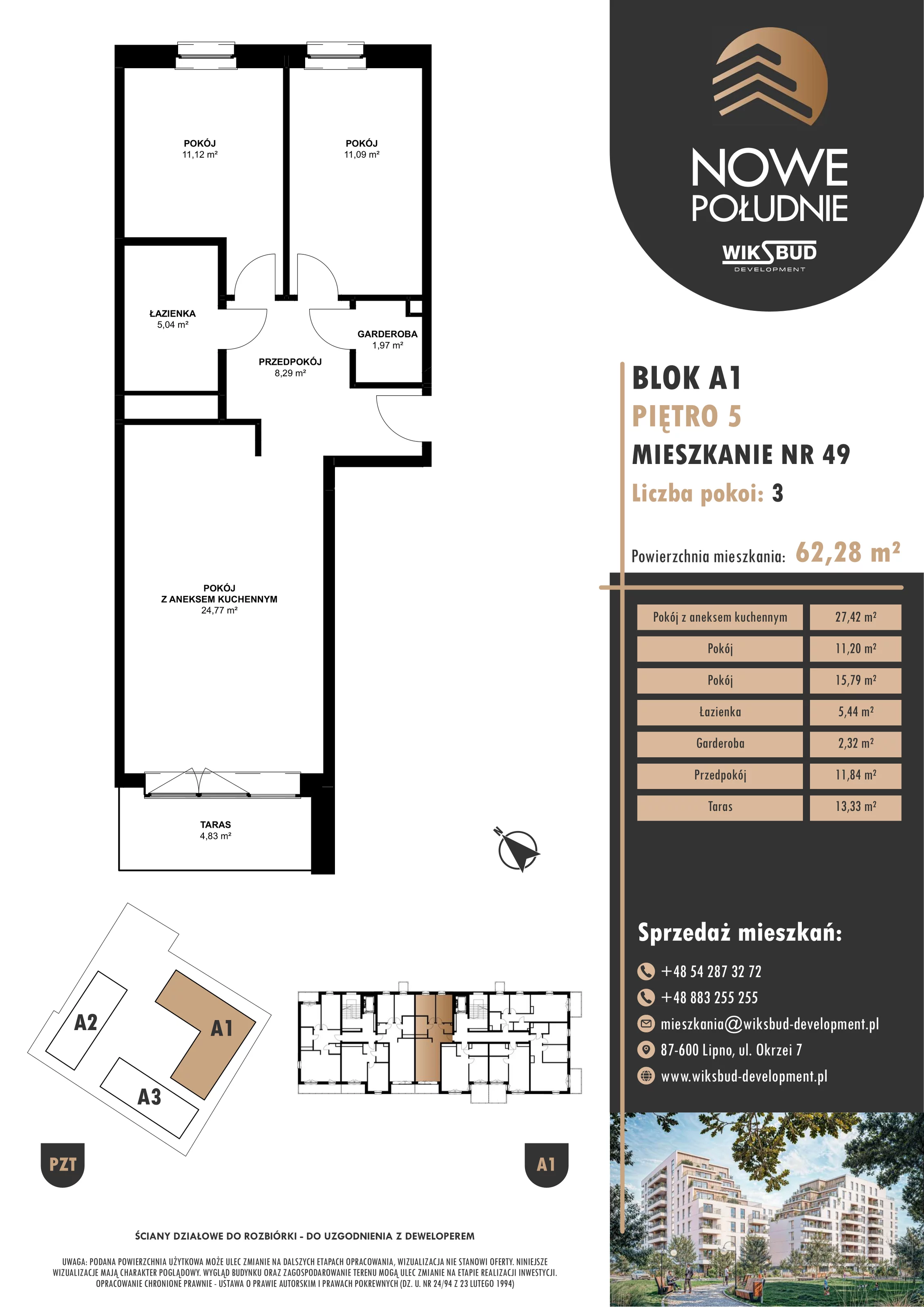 3 pokoje, mieszkanie 62,28 m², piętro 5, oferta nr M.A1.05.49, Nowe Południe, Włocławek, Południe, ul. Kazimierza Łady 10