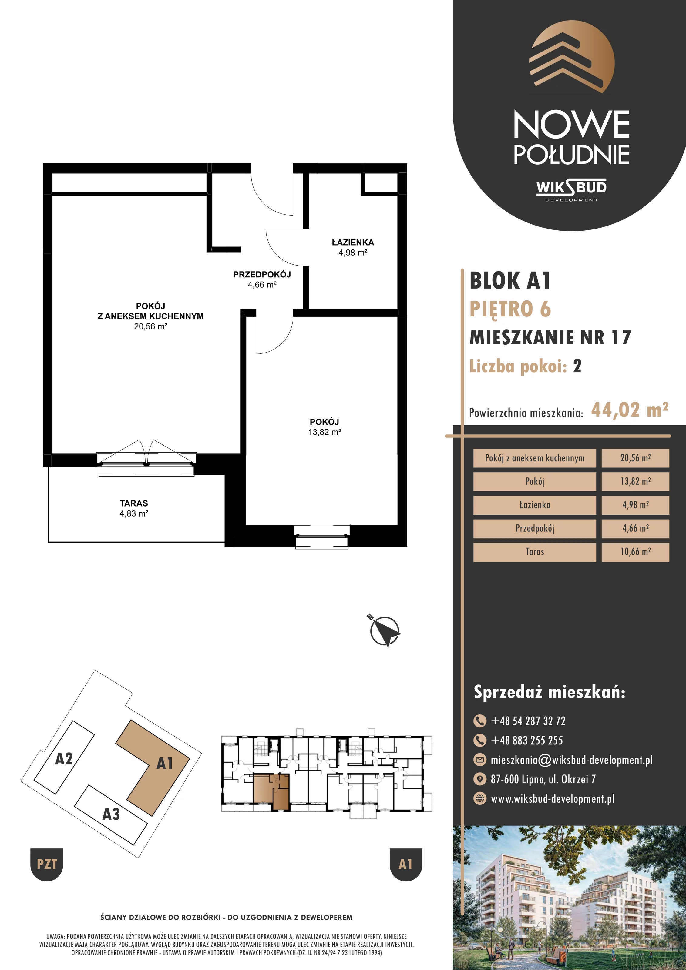 2 pokoje, mieszkanie 44,02 m², piętro 6, oferta nr M.A1.06.17, Nowe Południe, Włocławek, Południe, ul. Kazimierza Łady 10