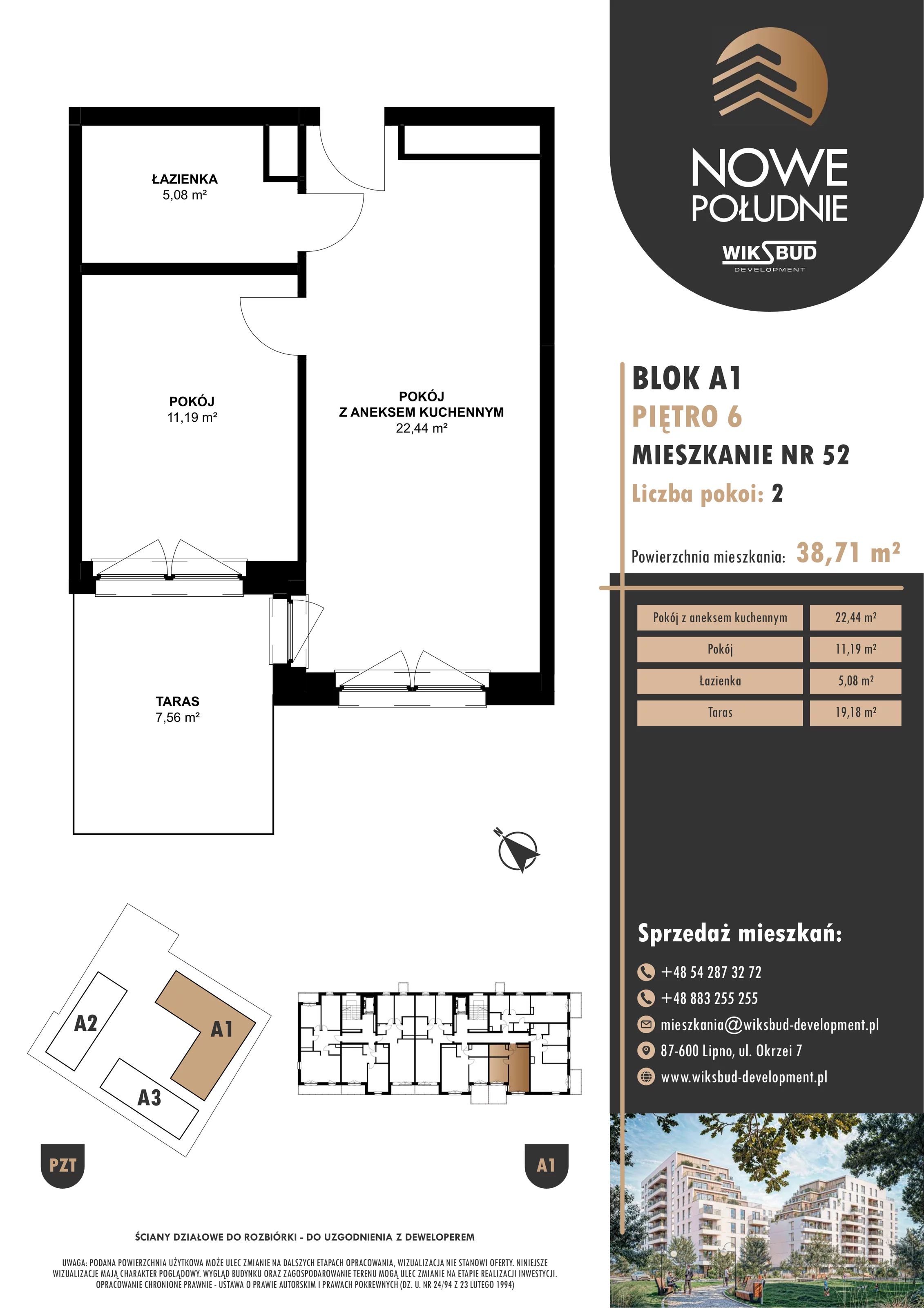 2 pokoje, mieszkanie 38,71 m², piętro 6, oferta nr M.A1.06.52, Nowe Południe, Włocławek, Południe, ul. Kazimierza Łady 10