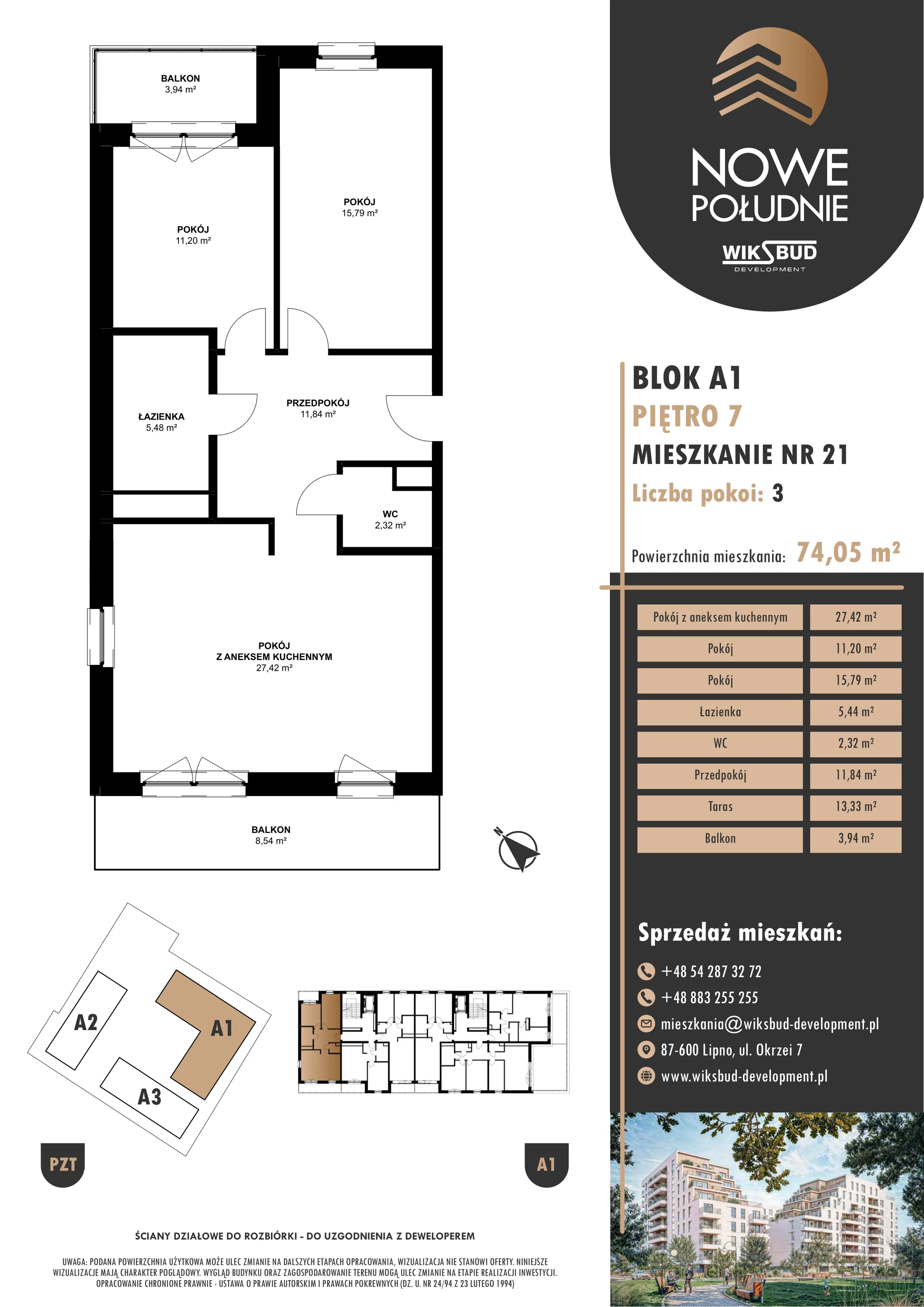 3 pokoje, mieszkanie 74,05 m², piętro 7, oferta nr M.A1.07.21, Nowe Południe, Włocławek, Południe, ul. Kazimierza Łady 10