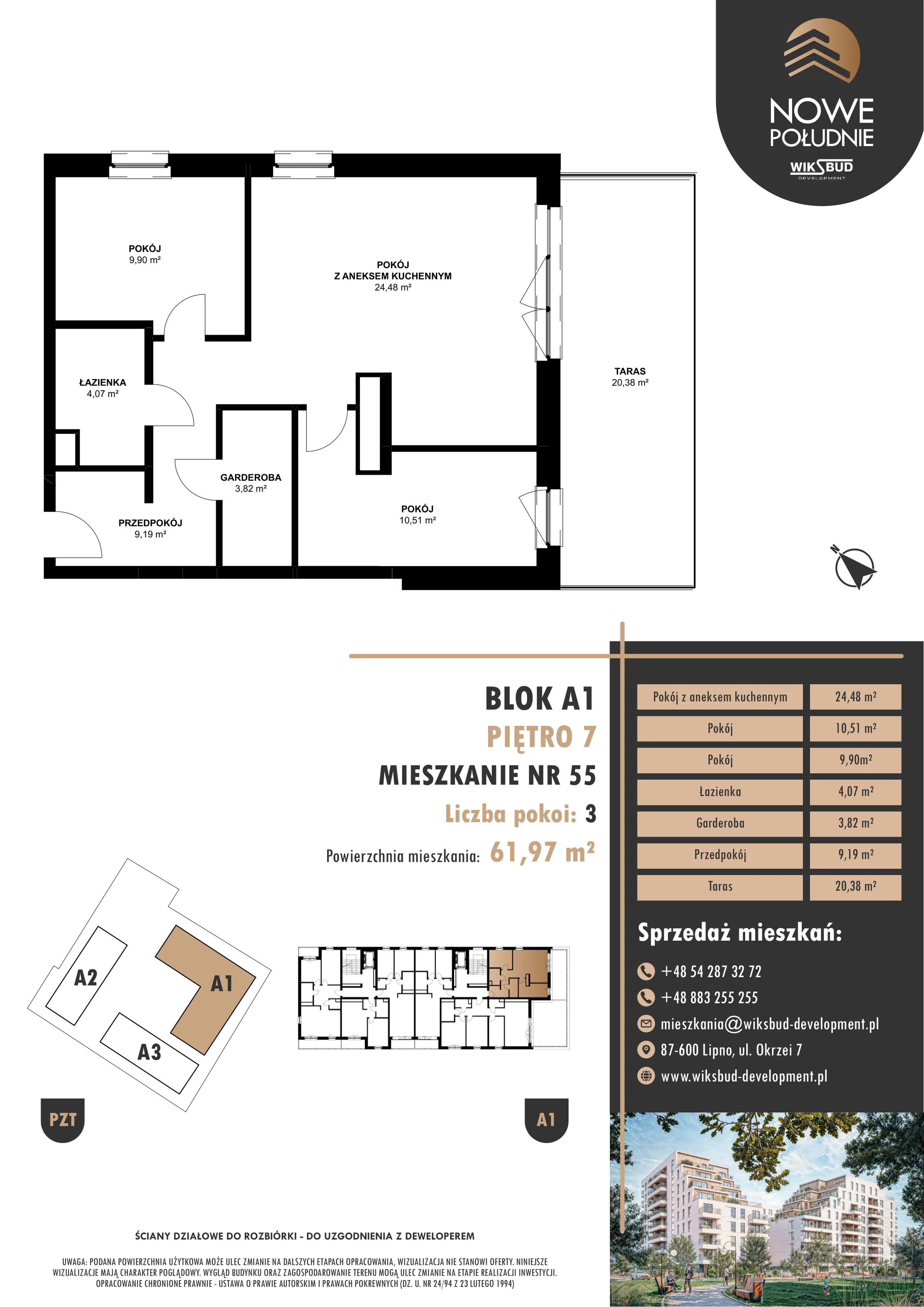 3 pokoje, mieszkanie 61,79 m², piętro 7, oferta nr M.A1.07.55, Nowe Południe, Włocławek, Południe, ul. Kazimierza Łady 10