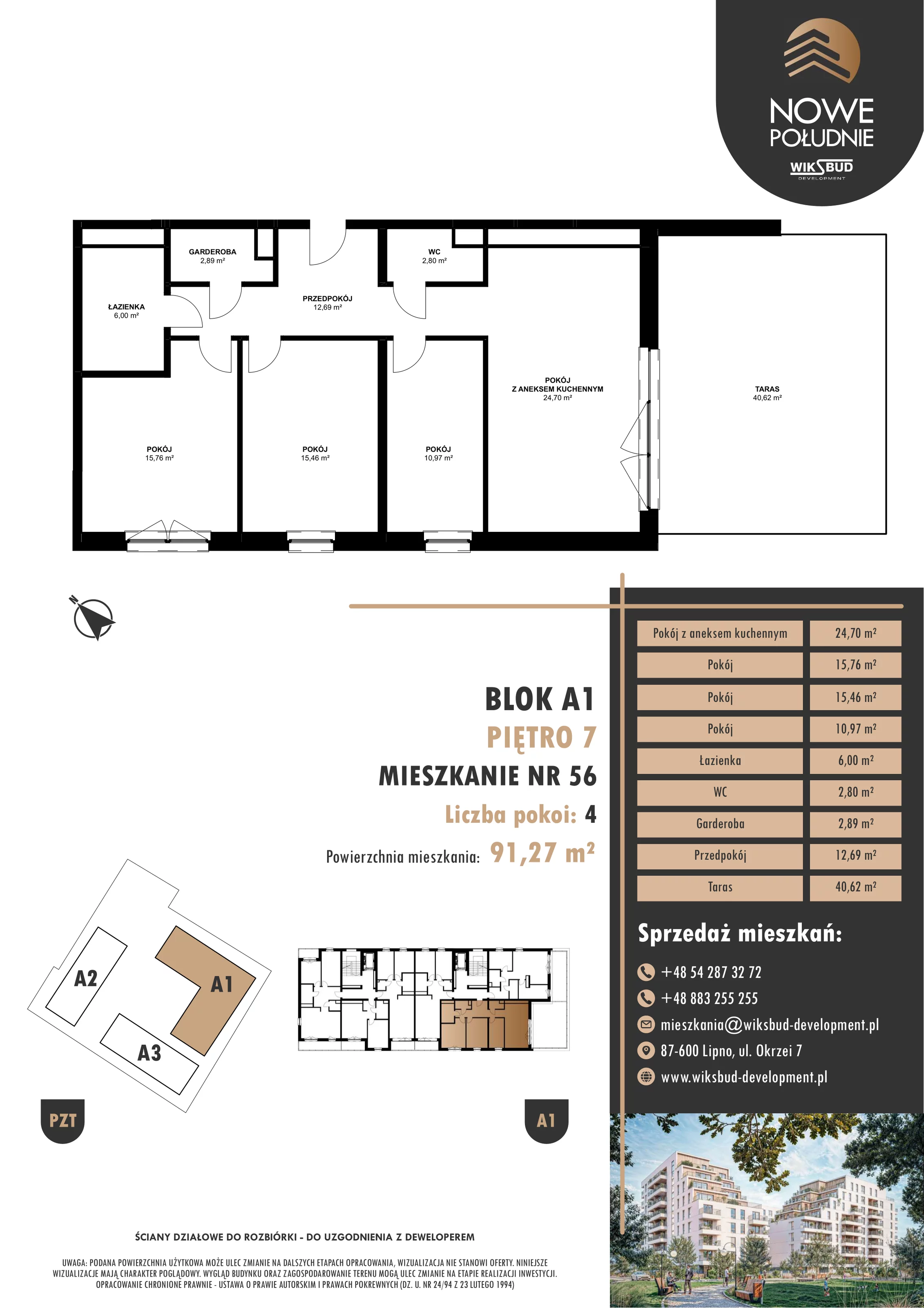 4 pokoje, mieszkanie 91,27 m², piętro 7, oferta nr M.A1.07.56, Nowe Południe, Włocławek, Południe, ul. Kazimierza Łady 10
