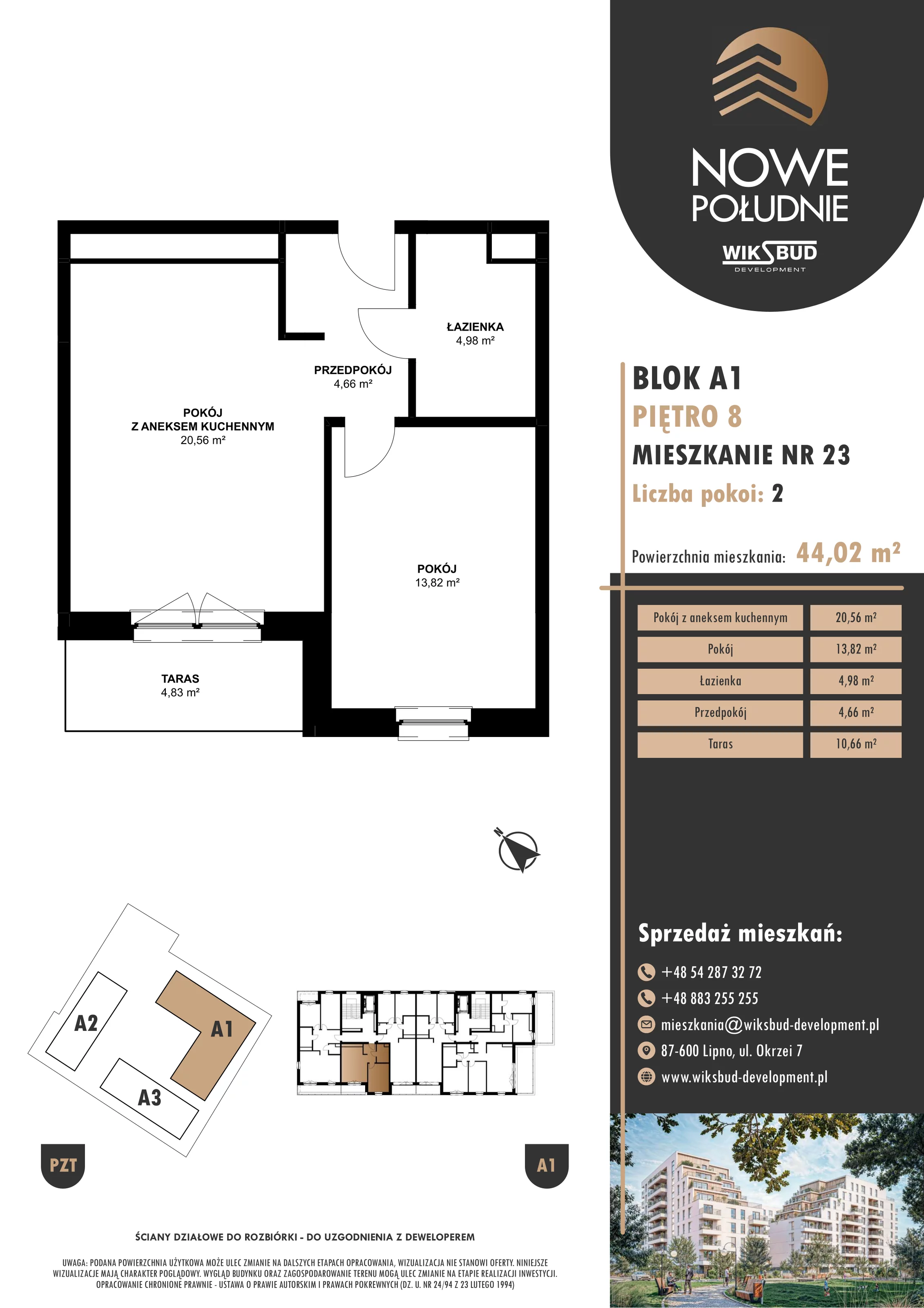2 pokoje, mieszkanie 44,02 m², piętro 8, oferta nr M.A1.08.23, Nowe Południe, Włocławek, Południe, ul. Kazimierza Łady 10