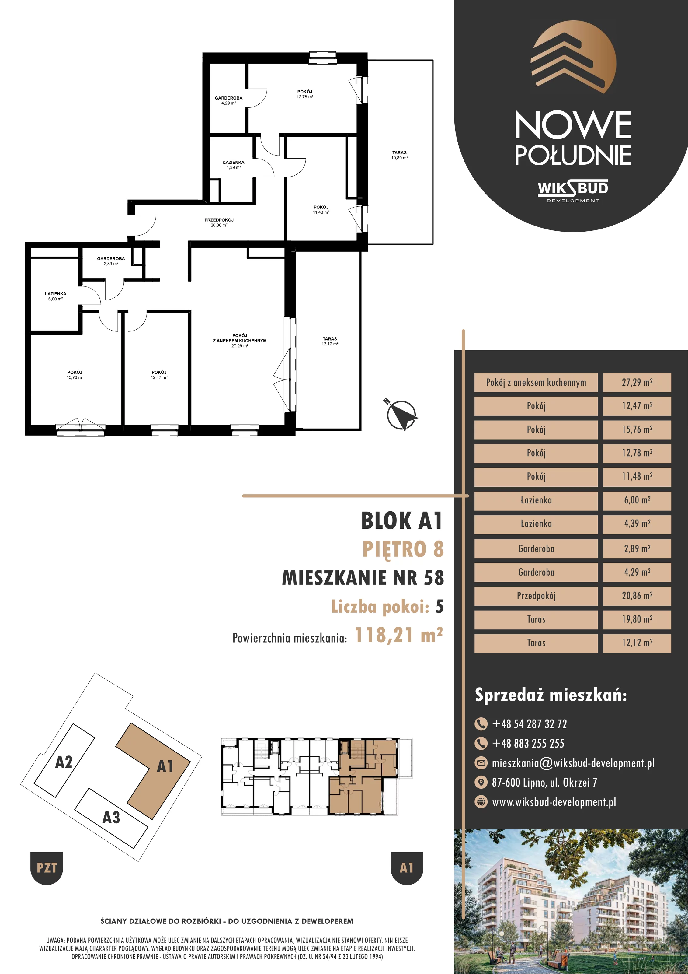 5 pokoi, mieszkanie 118,21 m², piętro 8, oferta nr M.A1.08.58, Nowe Południe, Włocławek, Południe, ul. Kazimierza Łady 10