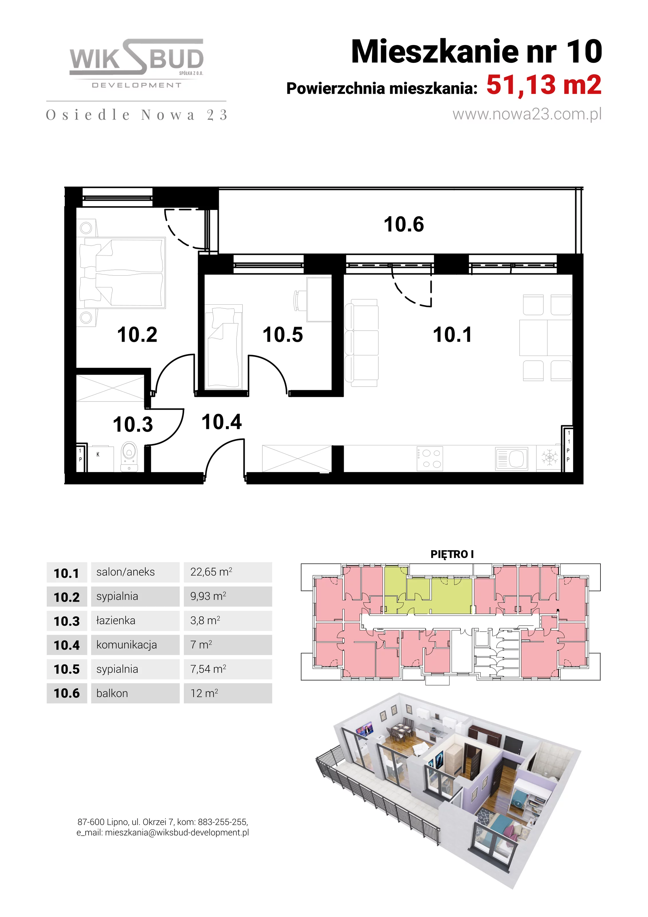 2 pokoje, mieszkanie 51,13 m², piętro 1, oferta nr L10, Osiedle Nowa 23, Brześć Kujawski, ul. Nowa 23