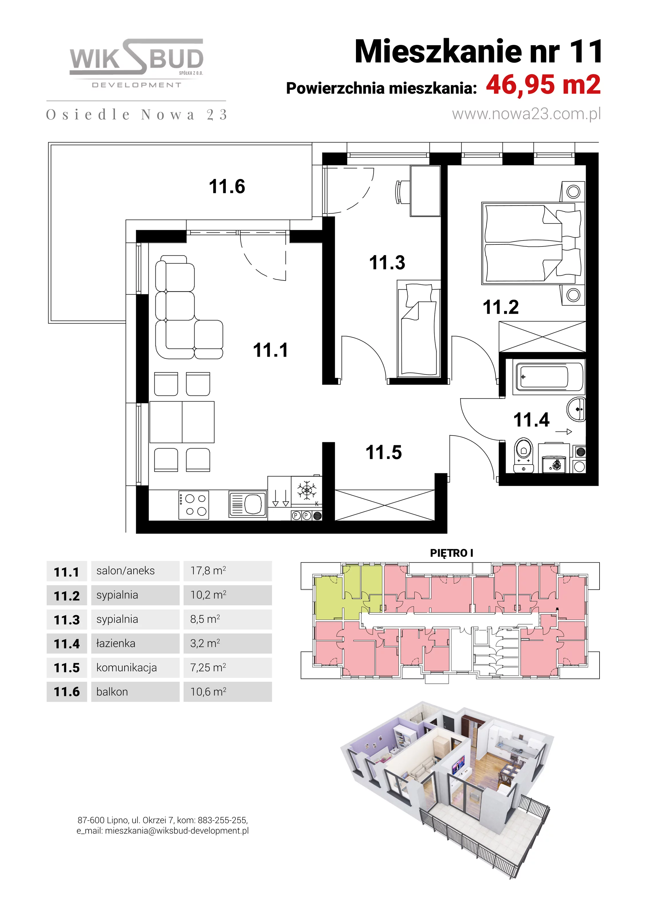 2 pokoje, mieszkanie 46,95 m², piętro 1, oferta nr L11, Osiedle Nowa 23, Brześć Kujawski, ul. Nowa 23
