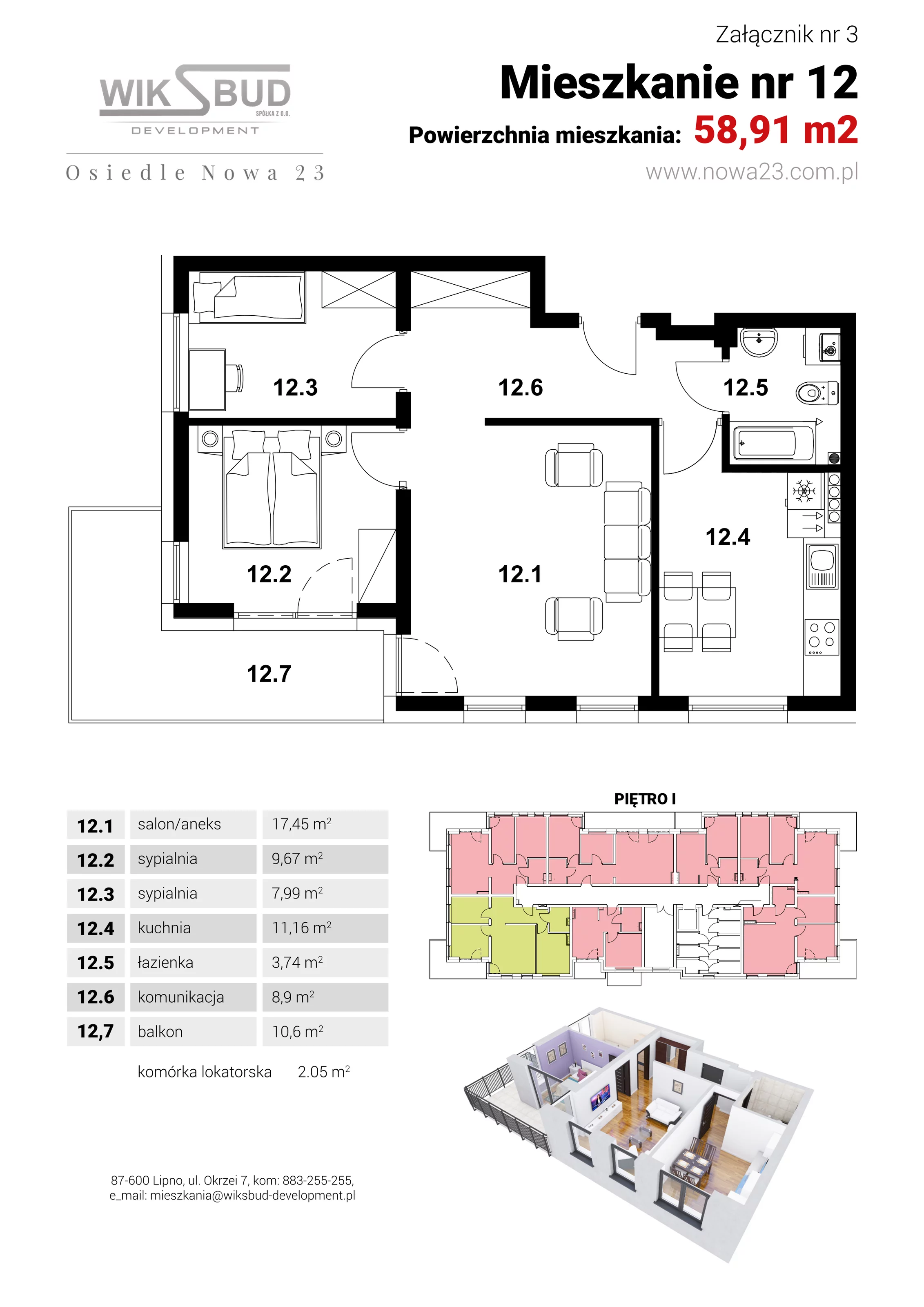 3 pokoje, mieszkanie 58,91 m², piętro 1, oferta nr L12, Osiedle Nowa 23, Brześć Kujawski, ul. Nowa 23