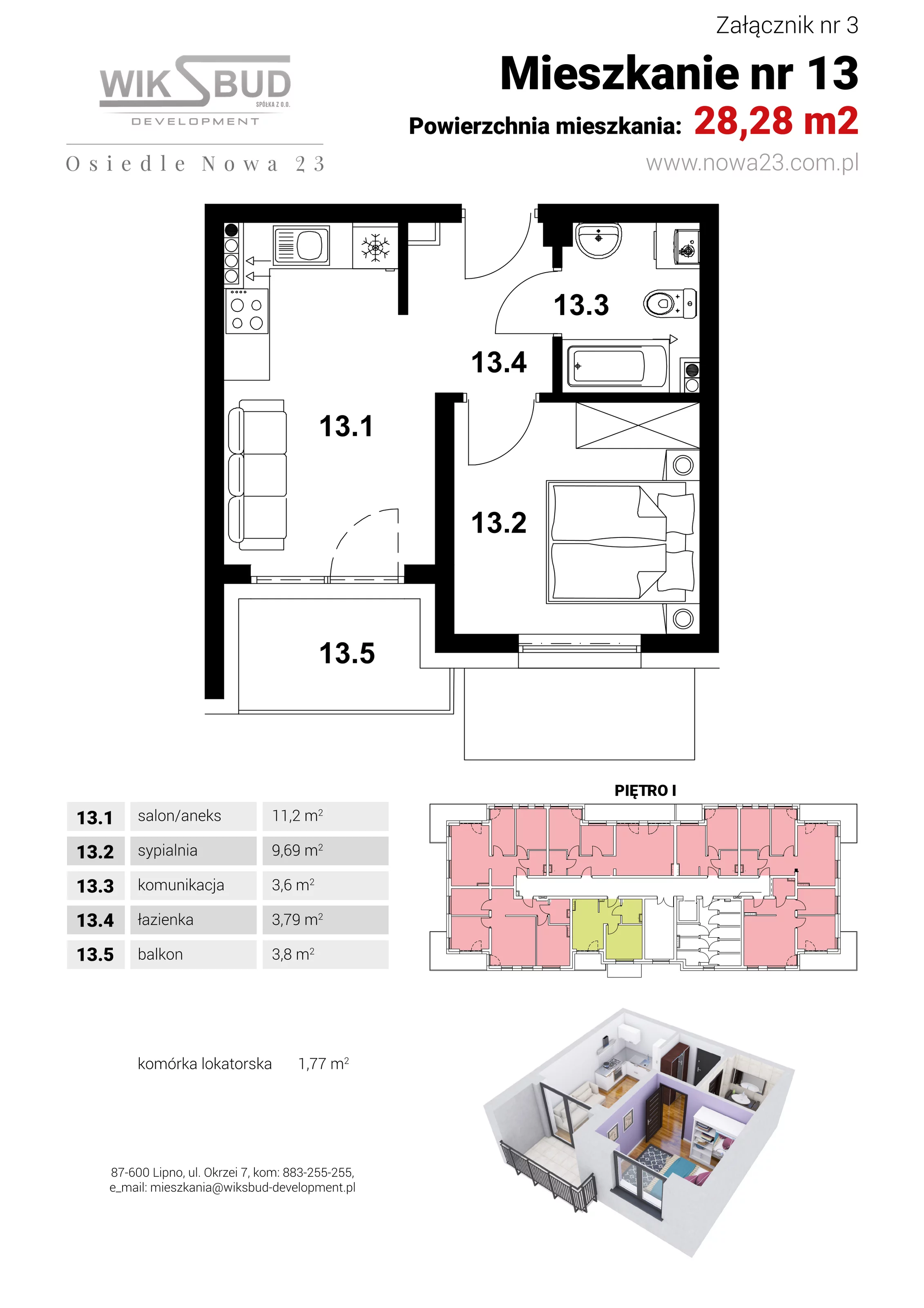 1 pokój, mieszkanie 28,33 m², piętro 1, oferta nr L13, Osiedle Nowa 23, Brześć Kujawski, ul. Nowa 23