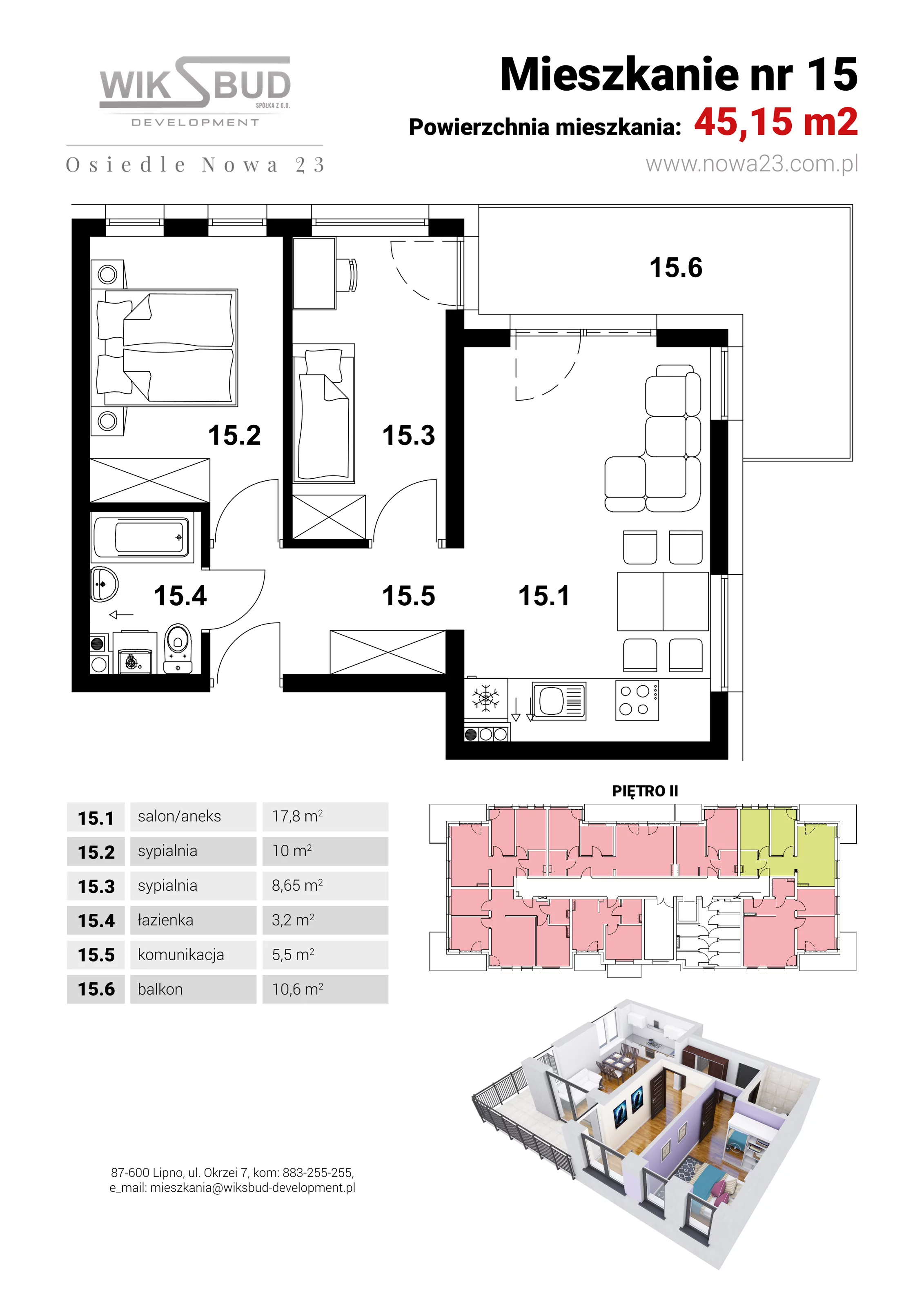 2 pokoje, mieszkanie 45,15 m², piętro 2, oferta nr L15, Osiedle Nowa 23, Brześć Kujawski, ul. Nowa 23