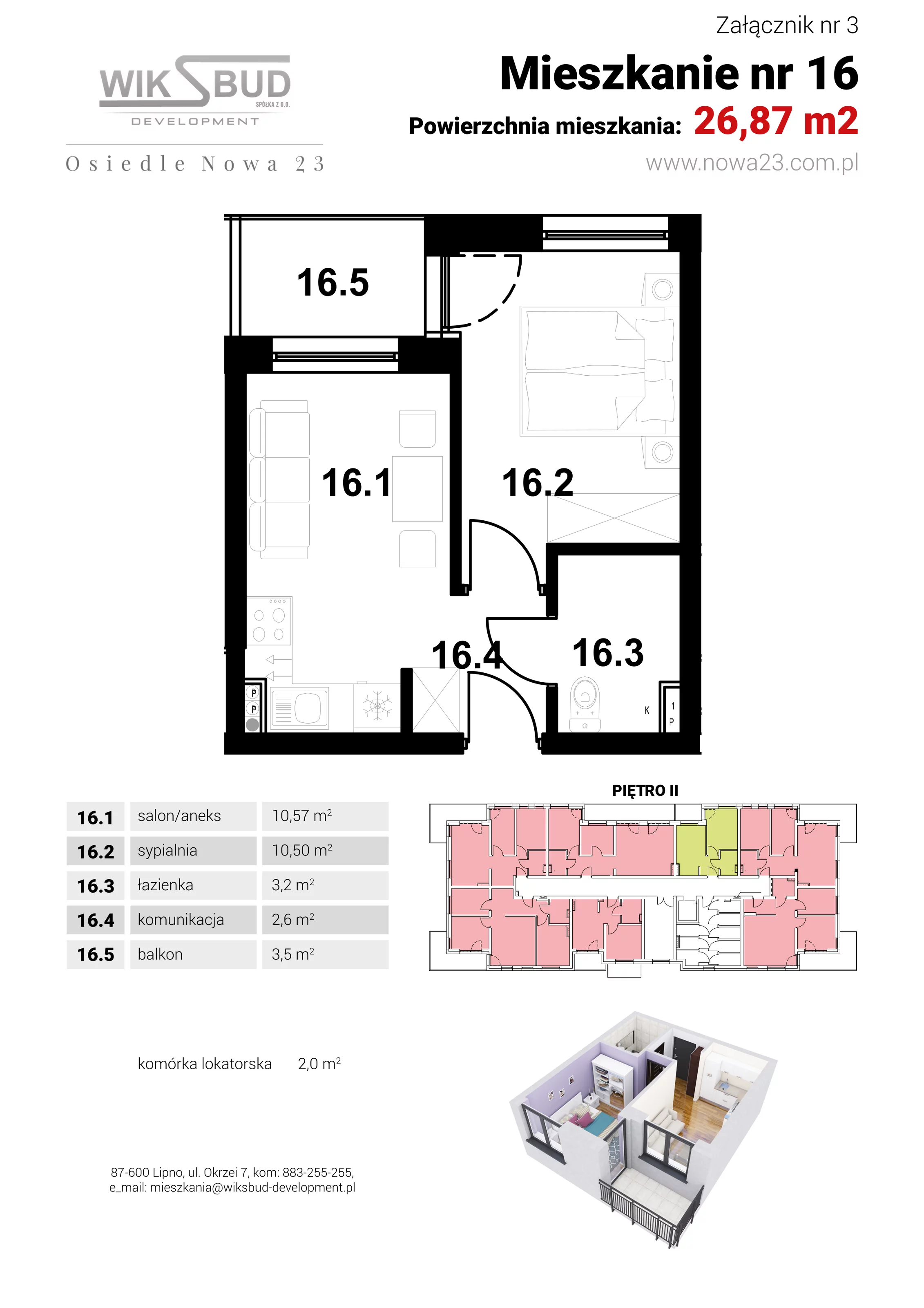 1 pokój, mieszkanie 26,87 m², piętro 2, oferta nr L16, Osiedle Nowa 23, Brześć Kujawski, ul. Nowa 23