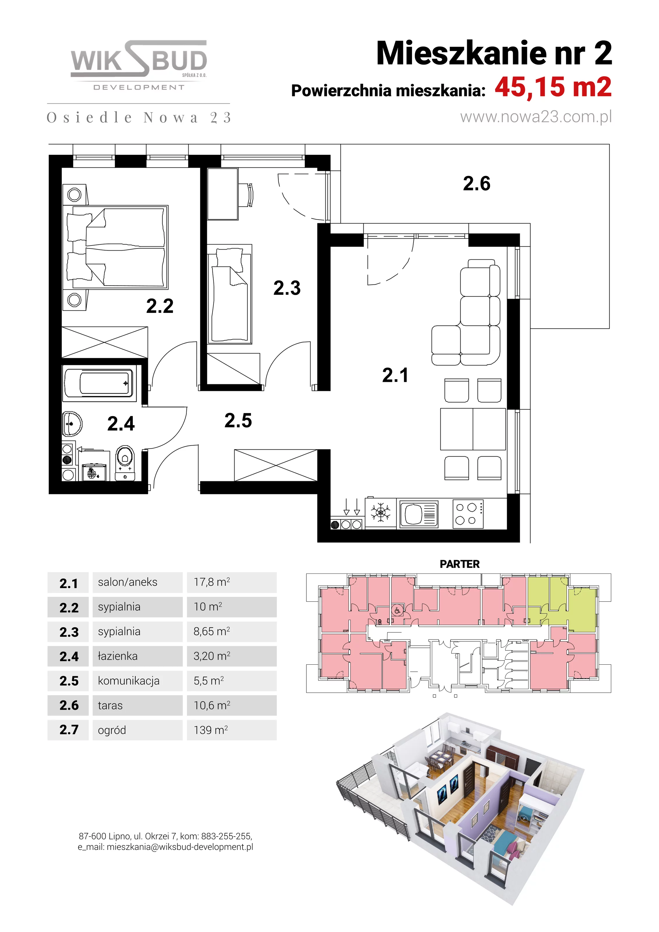 2 pokoje, mieszkanie 45,15 m², parter, oferta nr L2  , Osiedle Nowa 23, Brześć Kujawski, ul. Nowa 23