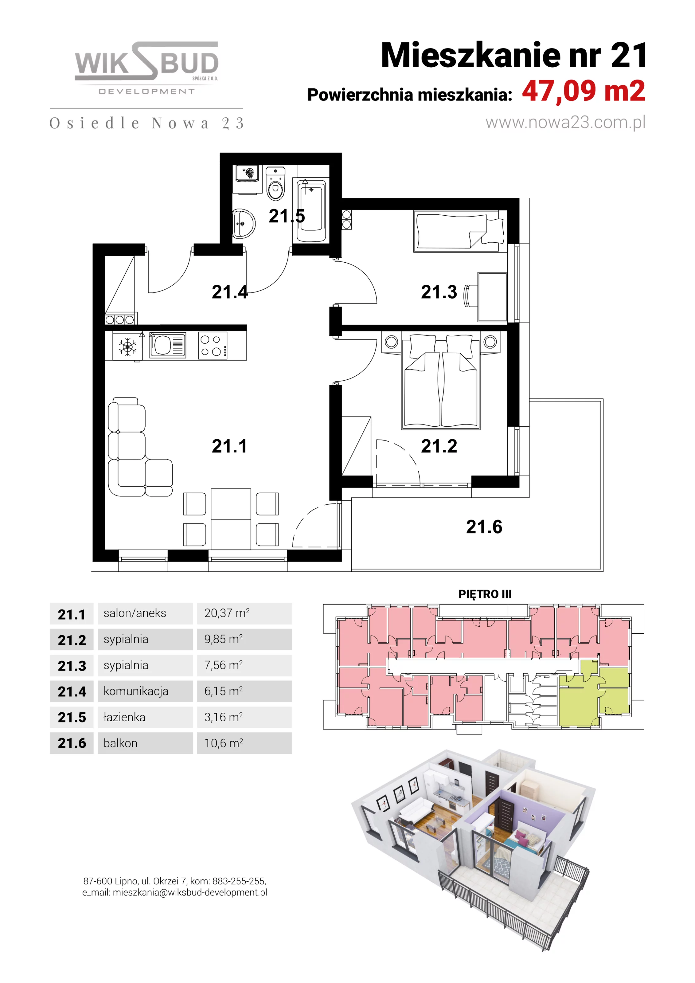 2 pokoje, mieszkanie 47,09 m², piętro 3, oferta nr L21, Osiedle Nowa 23, Brześć Kujawski, ul. Nowa 23