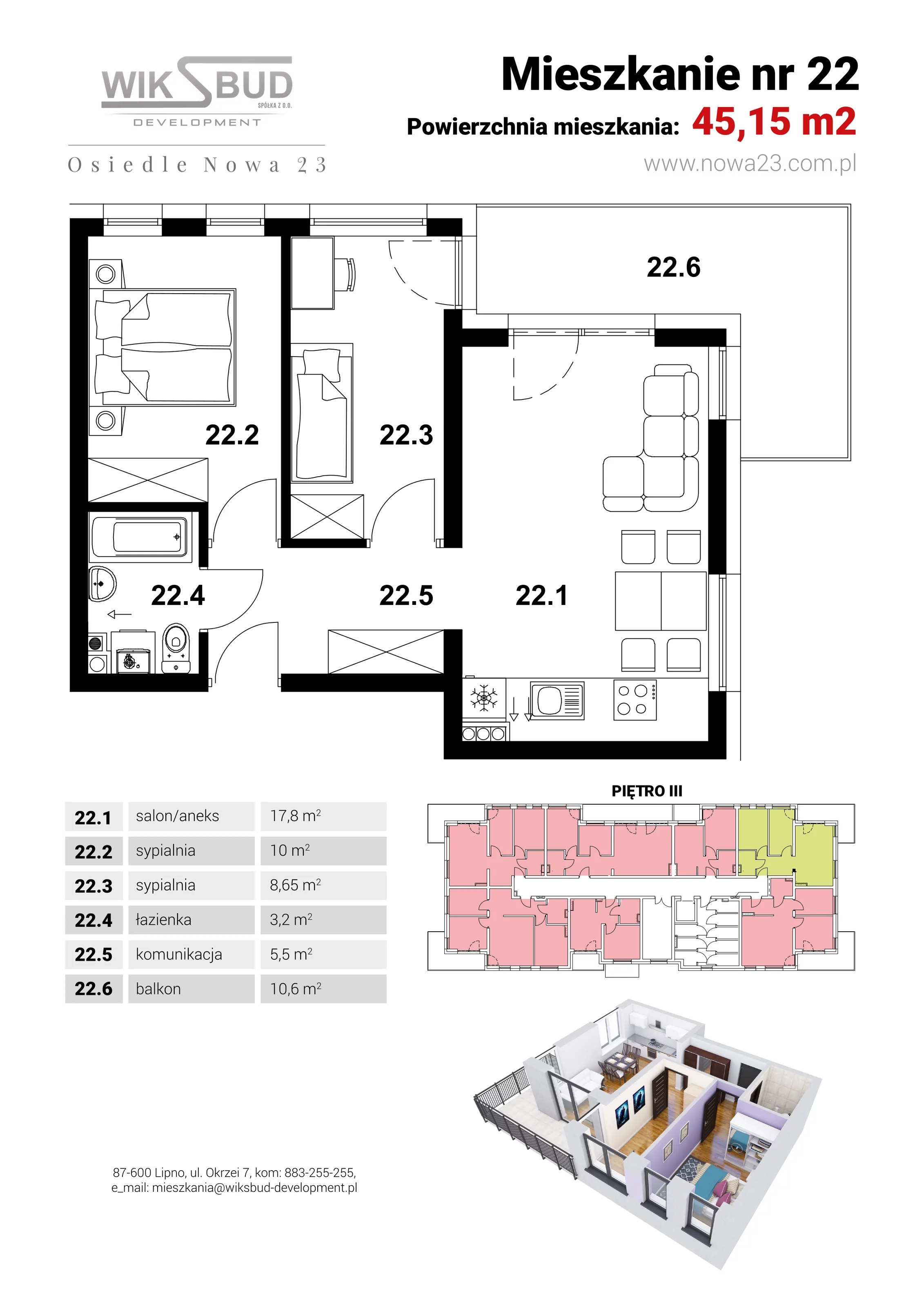 2 pokoje, mieszkanie 45,15 m², piętro 3, oferta nr L22, Osiedle Nowa 23, Brześć Kujawski, ul. Nowa 23