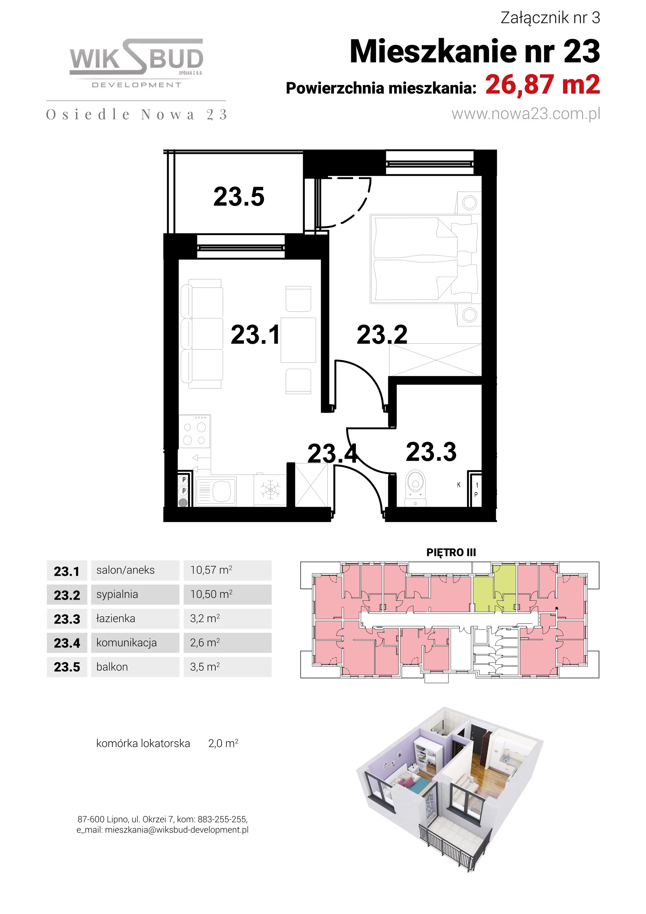 1 pokój, mieszkanie 26,55 m², piętro 3, oferta nr L23, Osiedle Nowa 23, Brześć Kujawski, ul. Nowa 23