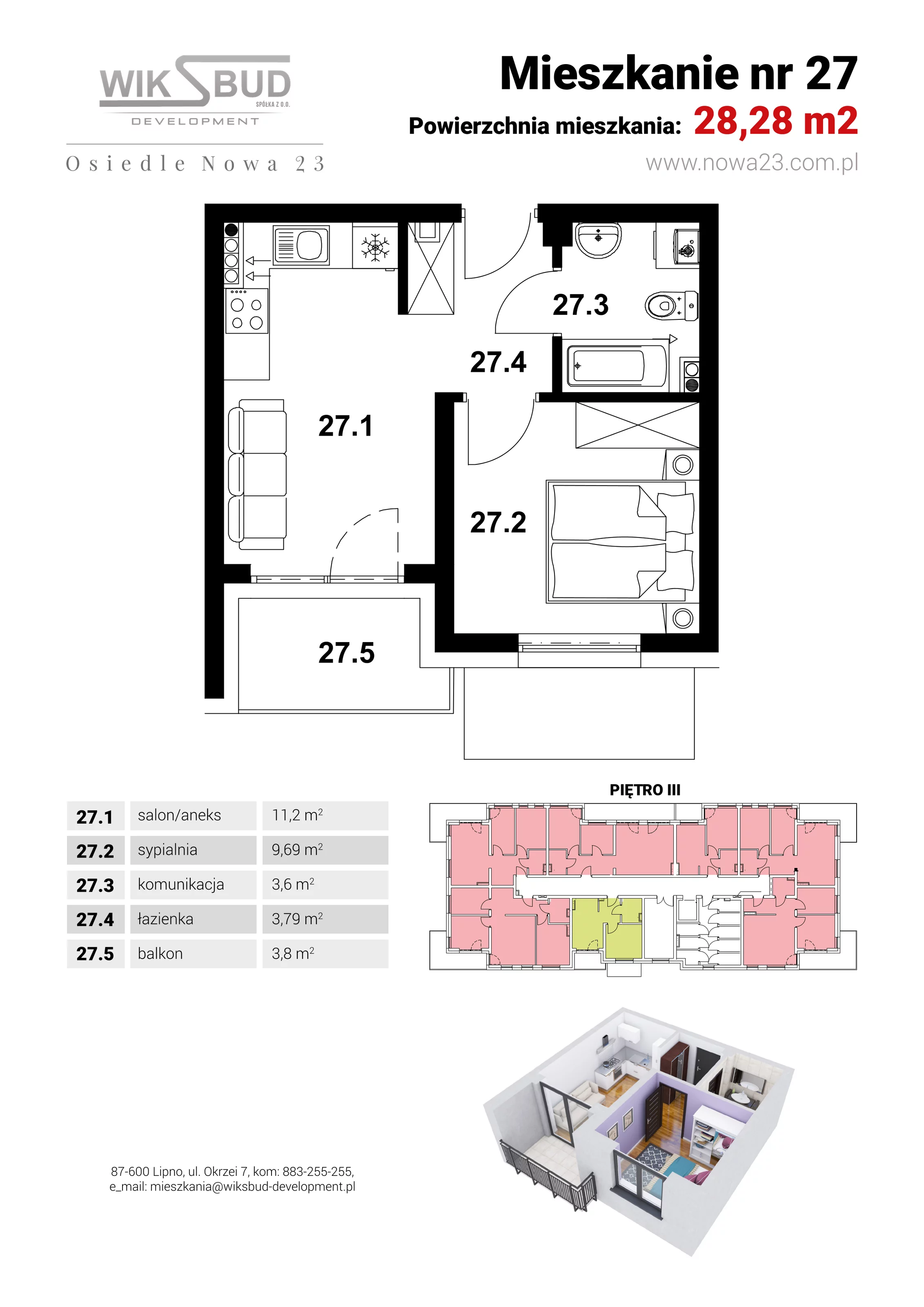 1 pokój, mieszkanie 28,28 m², piętro 3, oferta nr L27, Osiedle Nowa 23, Brześć Kujawski, ul. Nowa 23