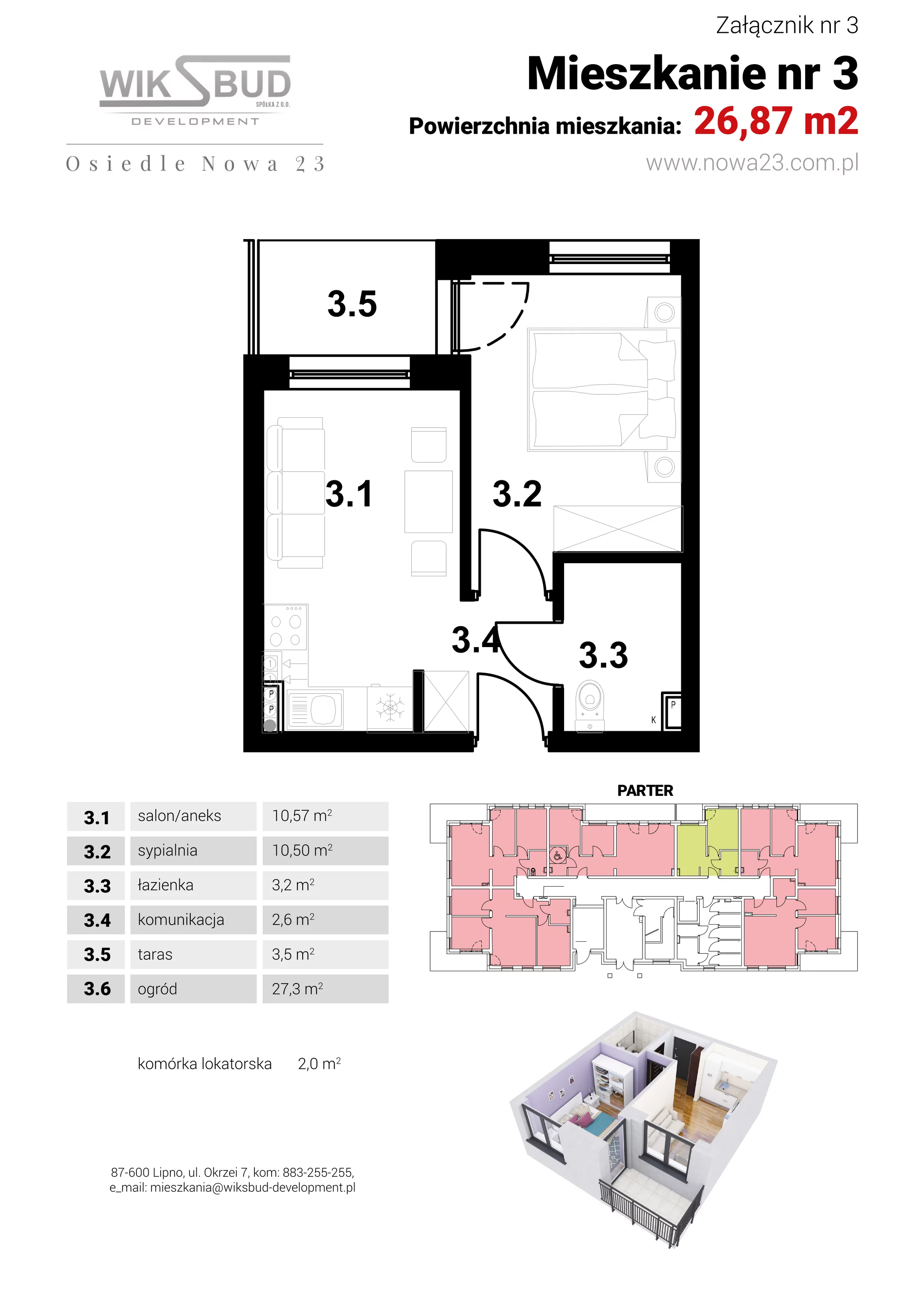 2 pokoje, mieszkanie 26,87 m², parter, oferta nr L3, Osiedle Nowa 23, Brześć Kujawski, ul. Nowa 23