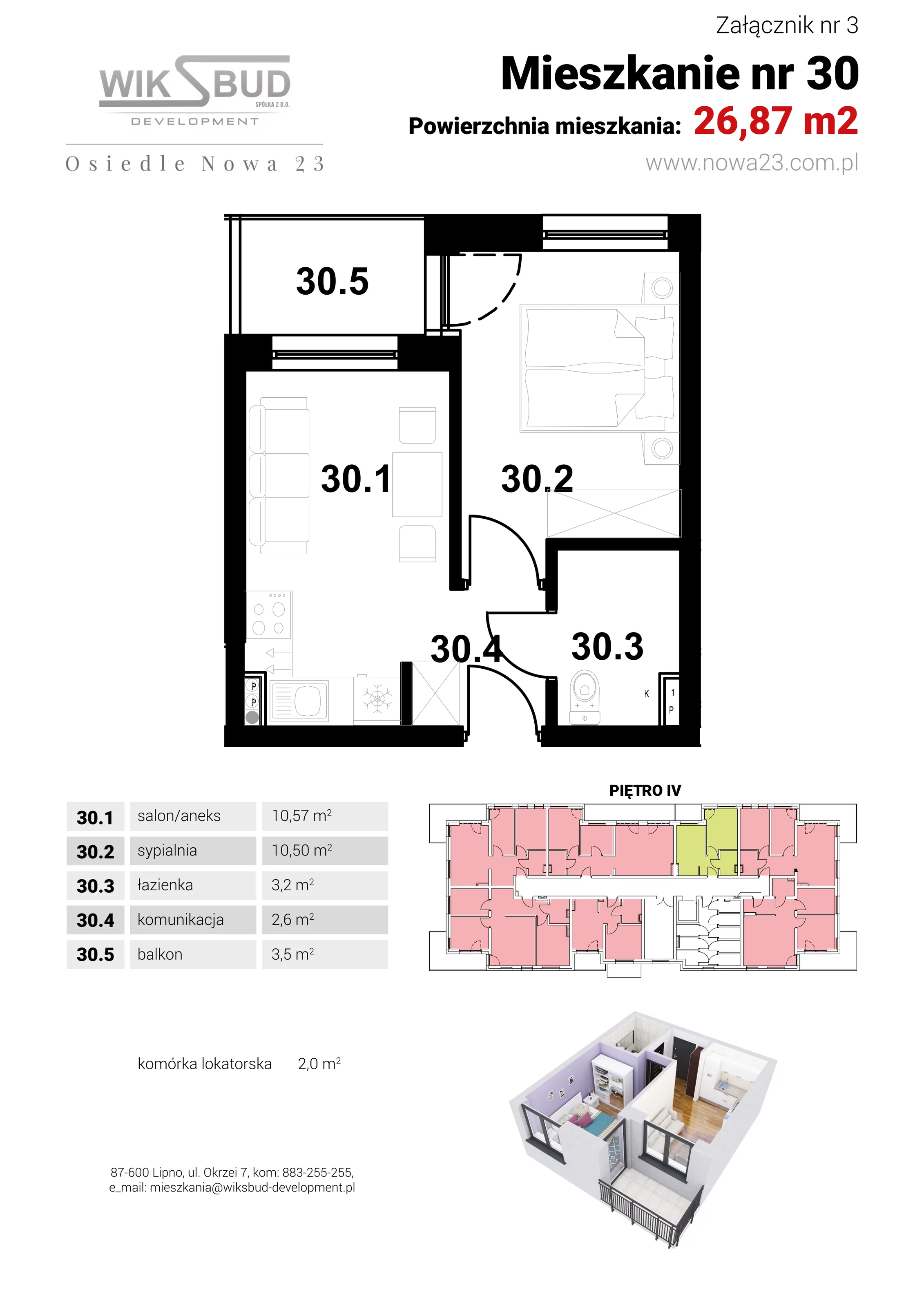 1 pokój, mieszkanie 26,45 m², piętro 4, oferta nr L30, Osiedle Nowa 23, Brześć Kujawski, ul. Nowa 23