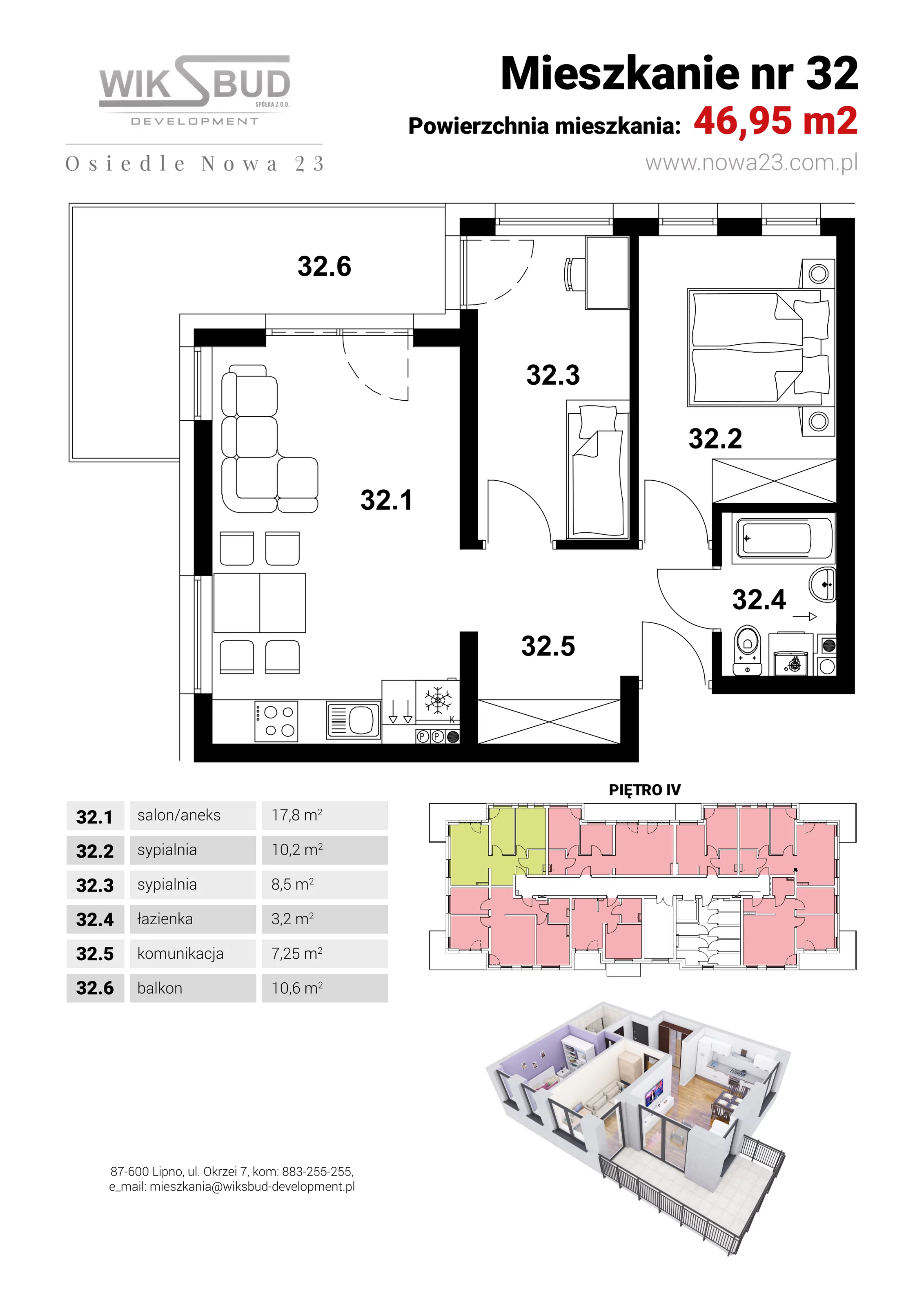2 pokoje, mieszkanie 46,95 m², piętro 4, oferta nr L32, Osiedle Nowa 23, Brześć Kujawski, ul. Nowa 23