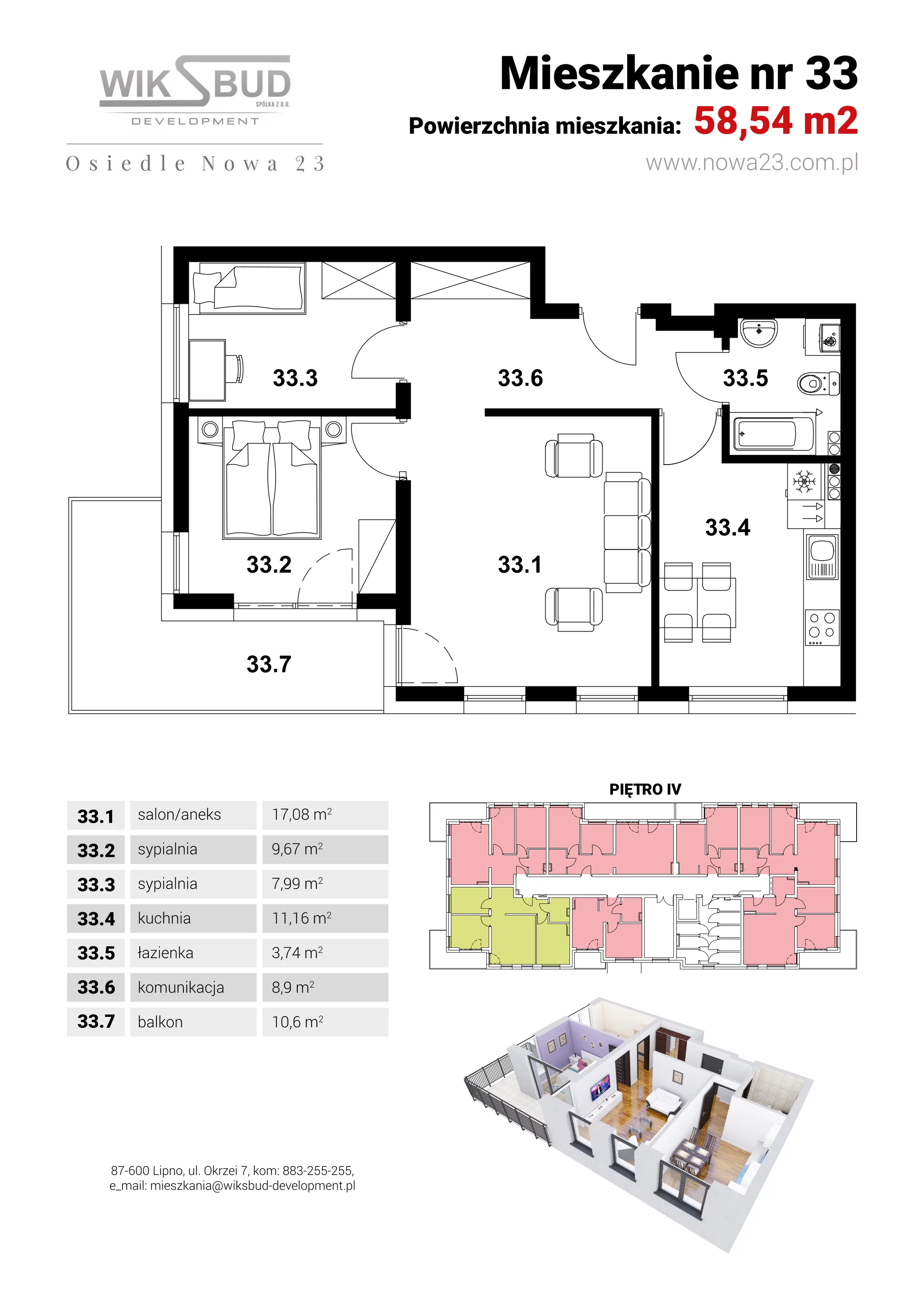 3 pokoje, mieszkanie 58,54 m², piętro 4, oferta nr L33, Osiedle Nowa 23, Brześć Kujawski, ul. Nowa 23