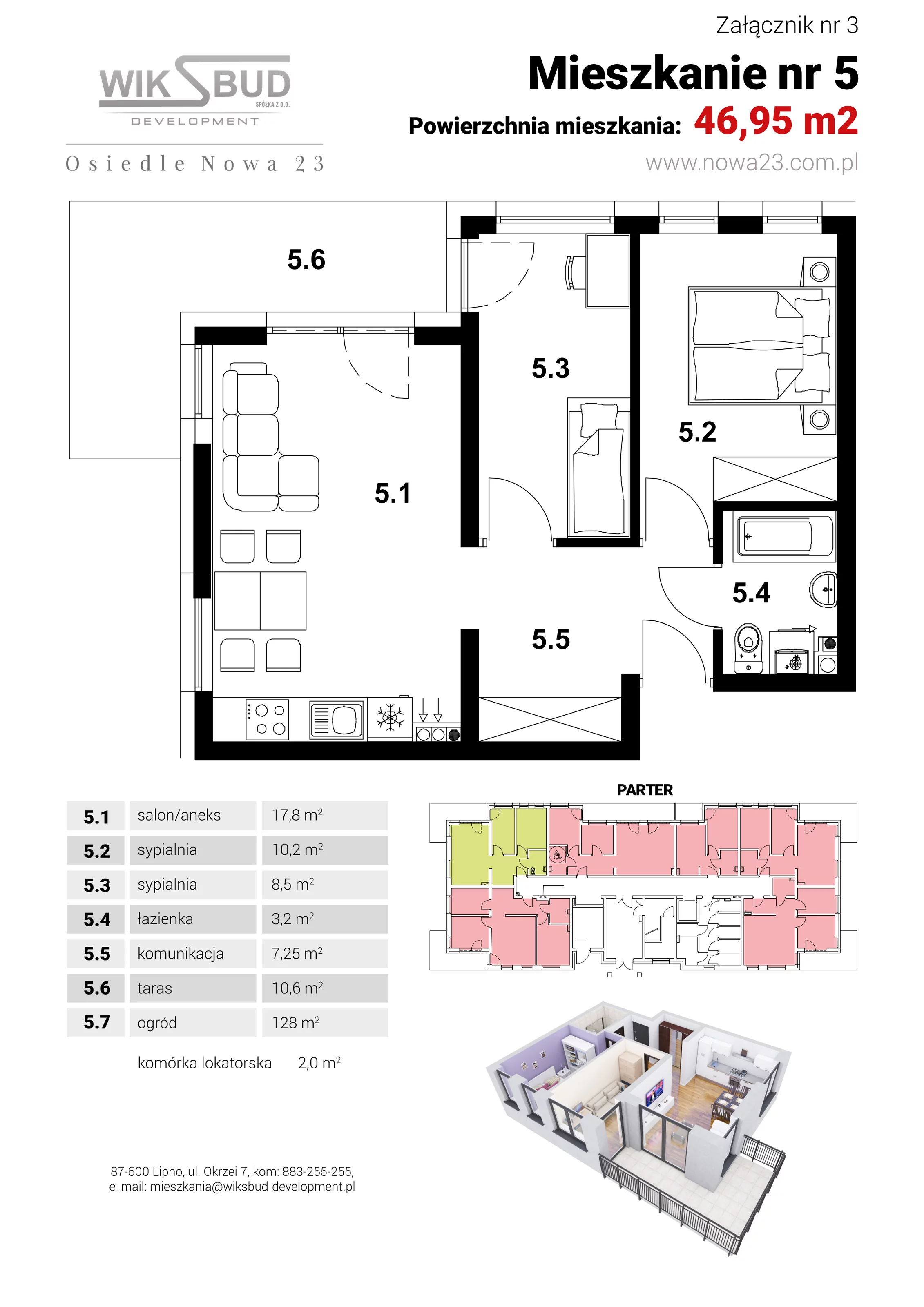 2 pokoje, mieszkanie 46,95 m², parter, oferta nr L5, Osiedle Nowa 23, Brześć Kujawski, ul. Nowa 23