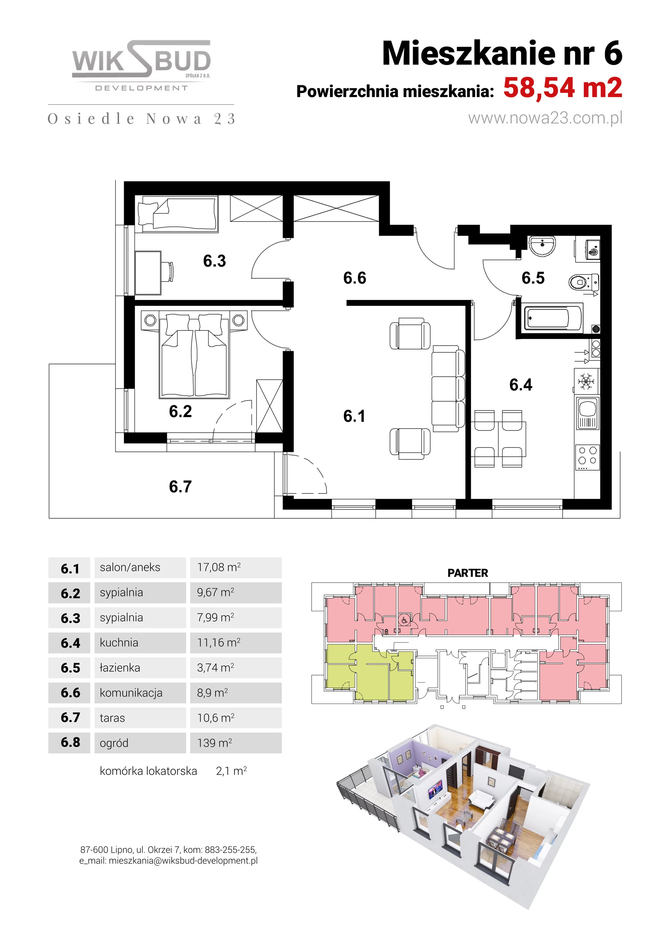 3 pokoje, mieszkanie 58,54 m², parter, oferta nr L6, Osiedle Nowa 23, Brześć Kujawski, ul. Nowa 23
