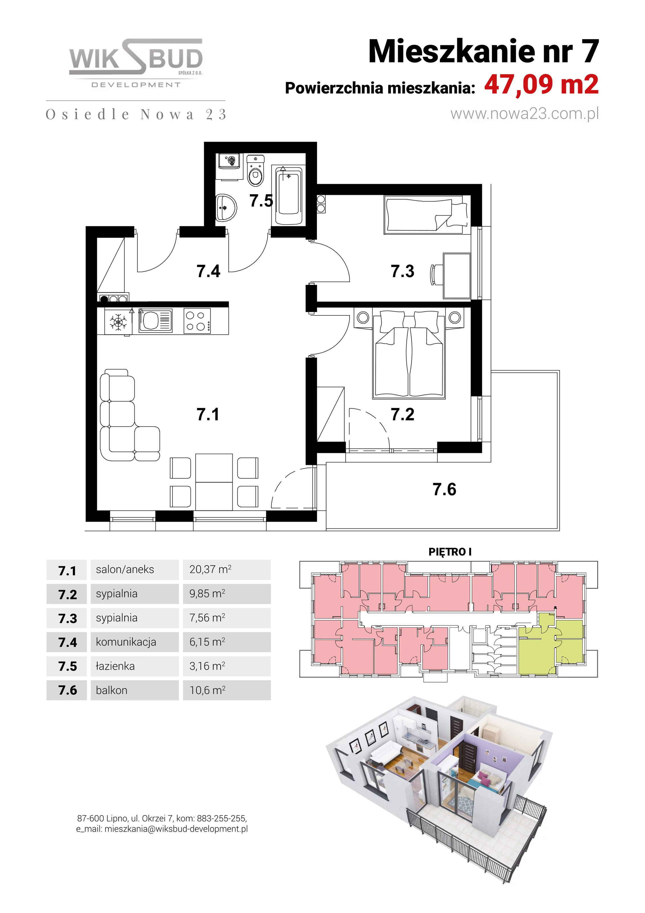 2 pokoje, mieszkanie 47,09 m², piętro 1, oferta nr L7, Osiedle Nowa 23, Brześć Kujawski, ul. Nowa 23