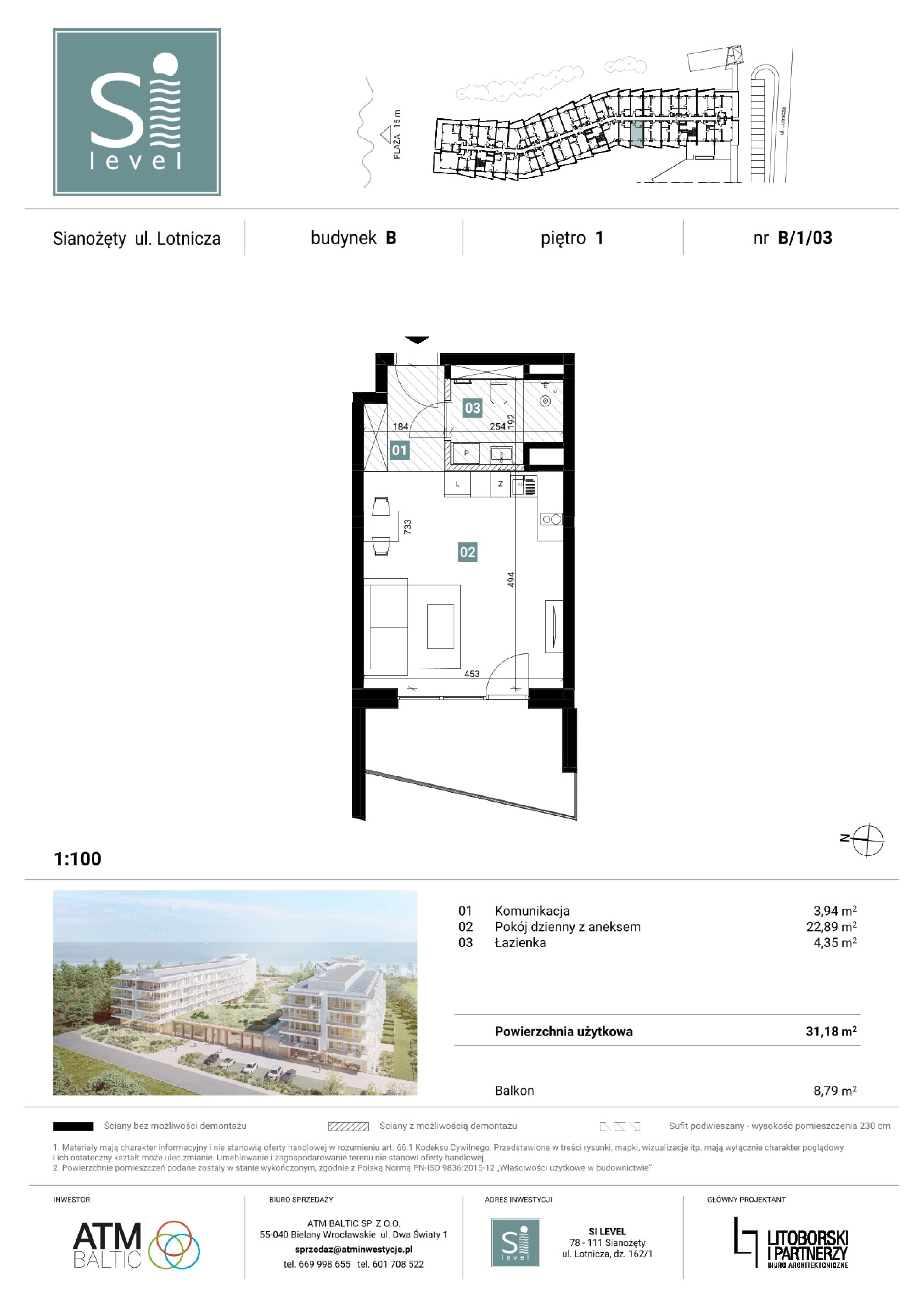 1 pokój, apartament 31,18 m², piętro 1, oferta nr B/1/03, Silevel, Sianożęty, ul. Lotnicza