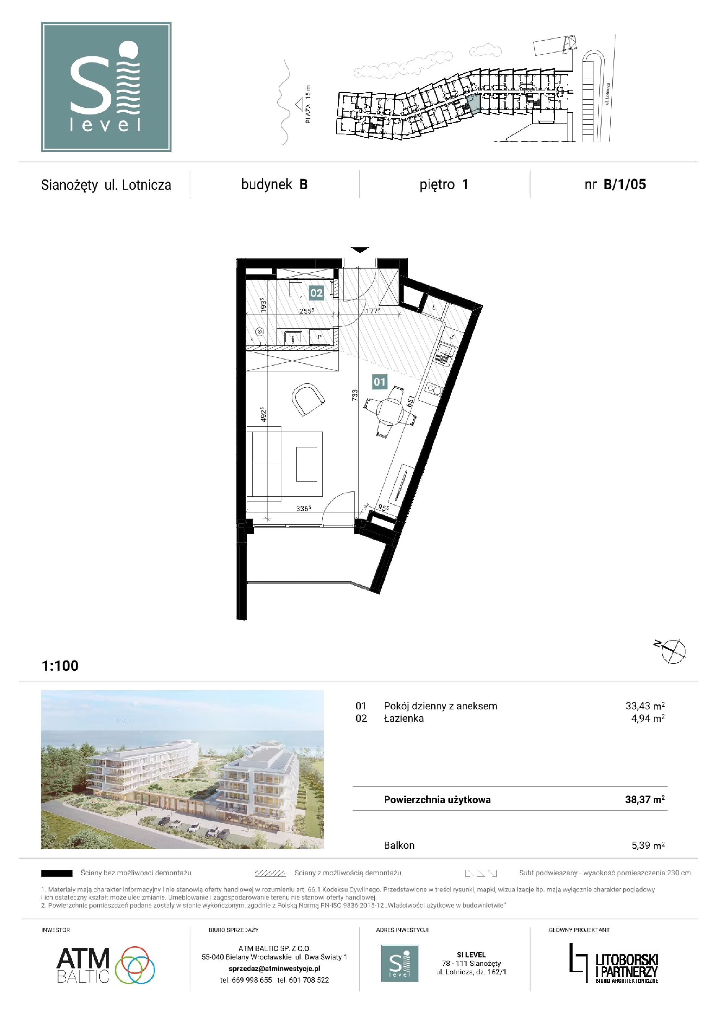 1 pokój, apartament 38,37 m², piętro 1, oferta nr B/1/05, Silevel, Sianożęty, ul. Lotnicza