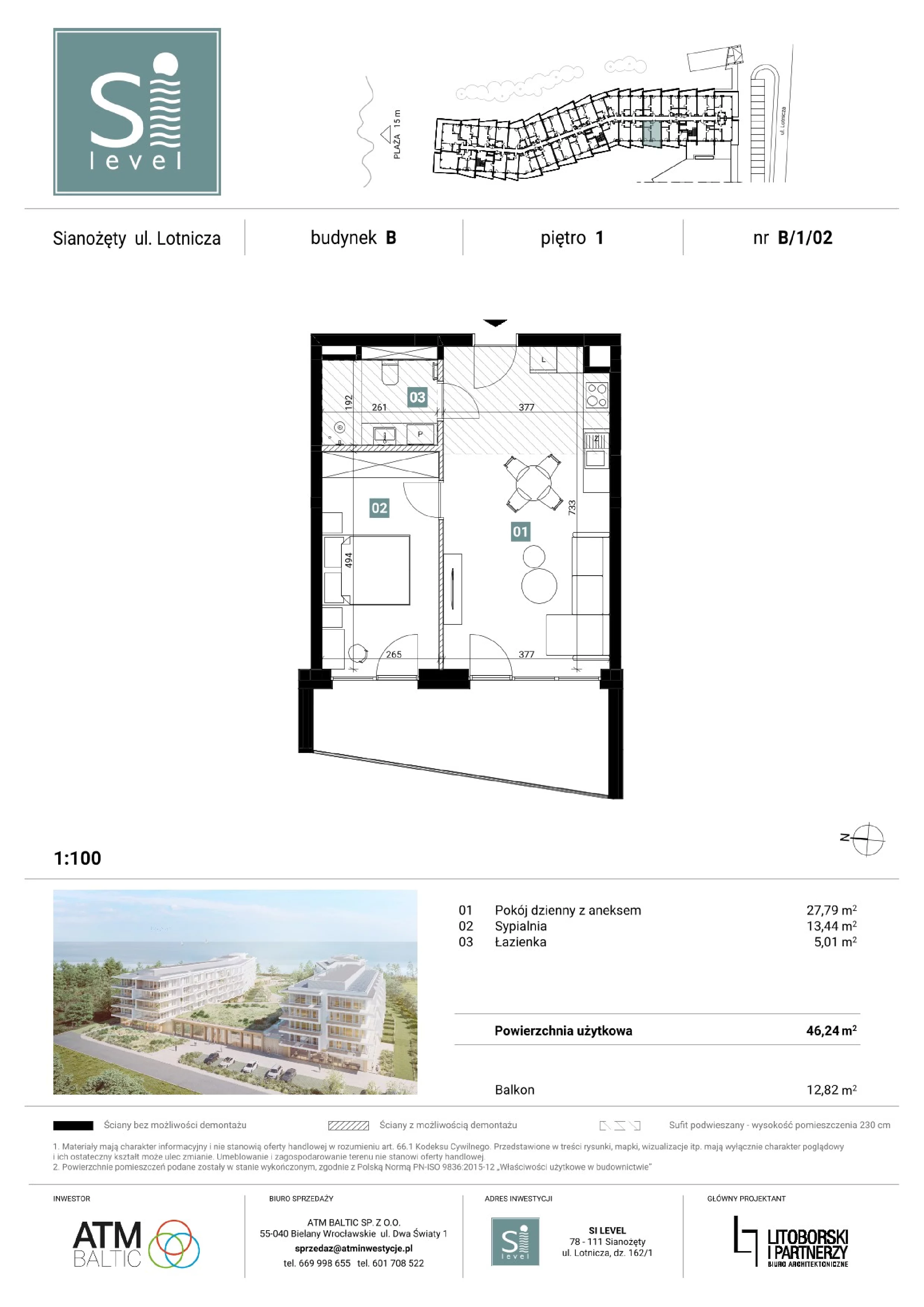 2 pokoje, apartament 46,24 m², piętro 1, oferta nr B/1/02, Silevel, Sianożęty, ul. Lotnicza
