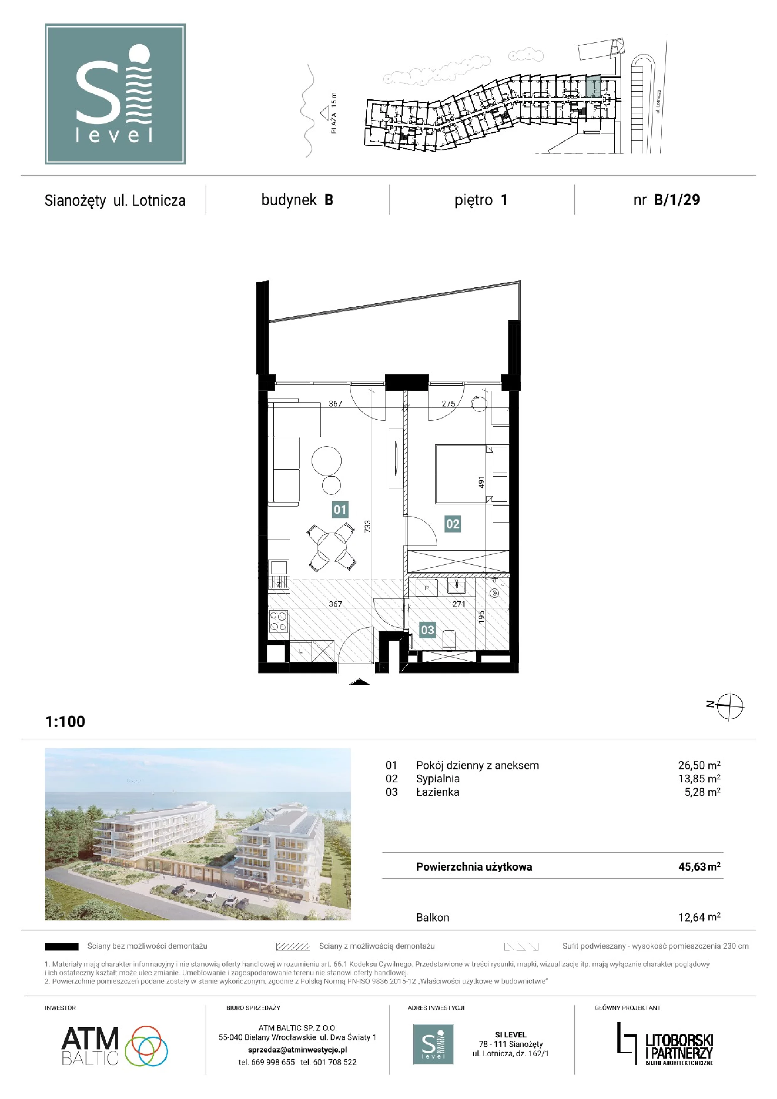 2 pokoje, apartament 45,63 m², piętro 1, oferta nr B/1/29, Silevel, Sianożęty, ul. Lotnicza