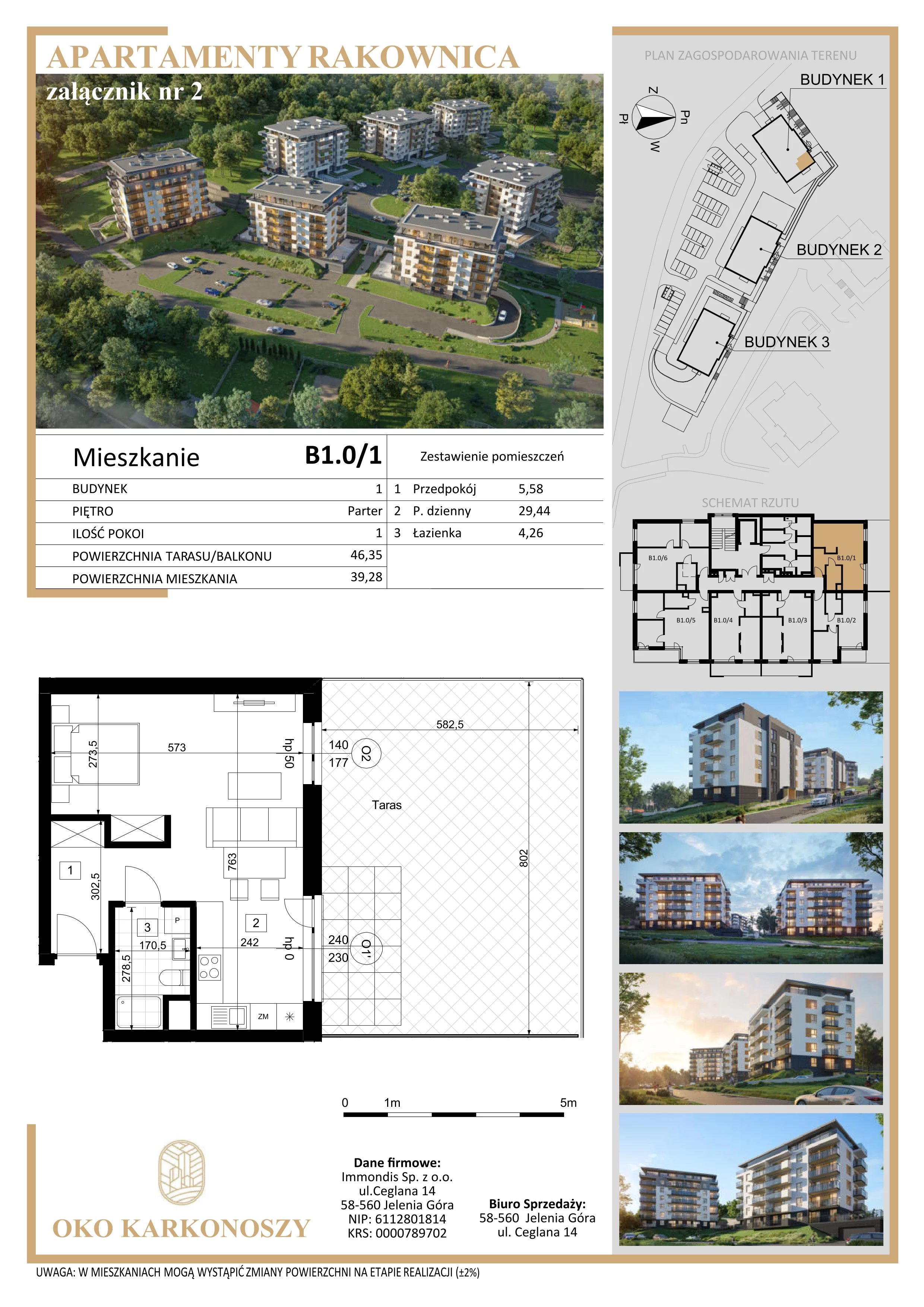 1 pokój, mieszkanie 39,76 m², parter, oferta nr B1.0/1, Oko Karkonoszy Apartamenty Rakownica, Jelenia Góra, Śródmieście, ul. Okopowa