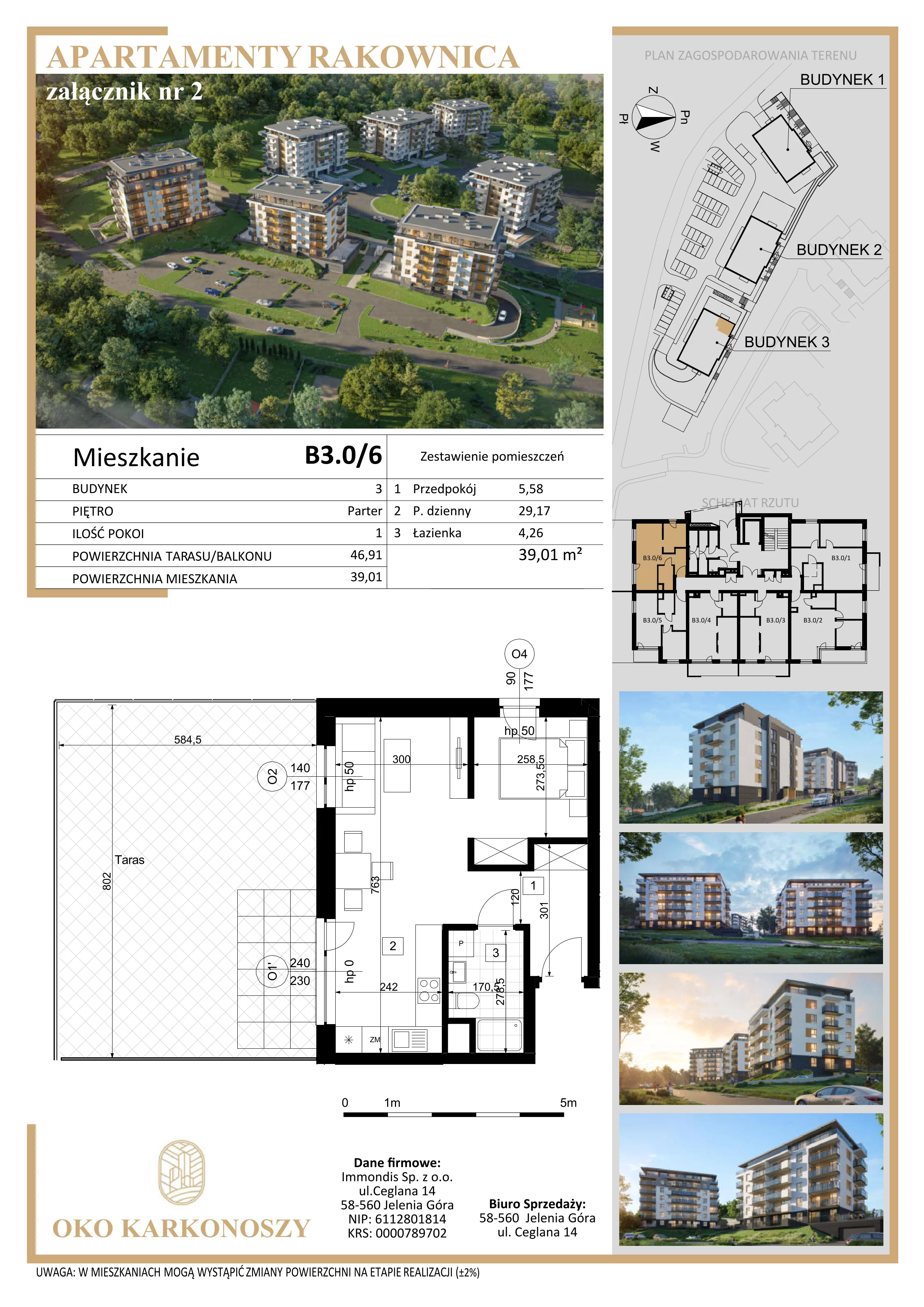 1 pokój, mieszkanie 39,96 m², parter, oferta nr B3.0/6, Oko Karkonoszy Apartamenty Rakownica, Jelenia Góra, Śródmieście, ul. Okopowa