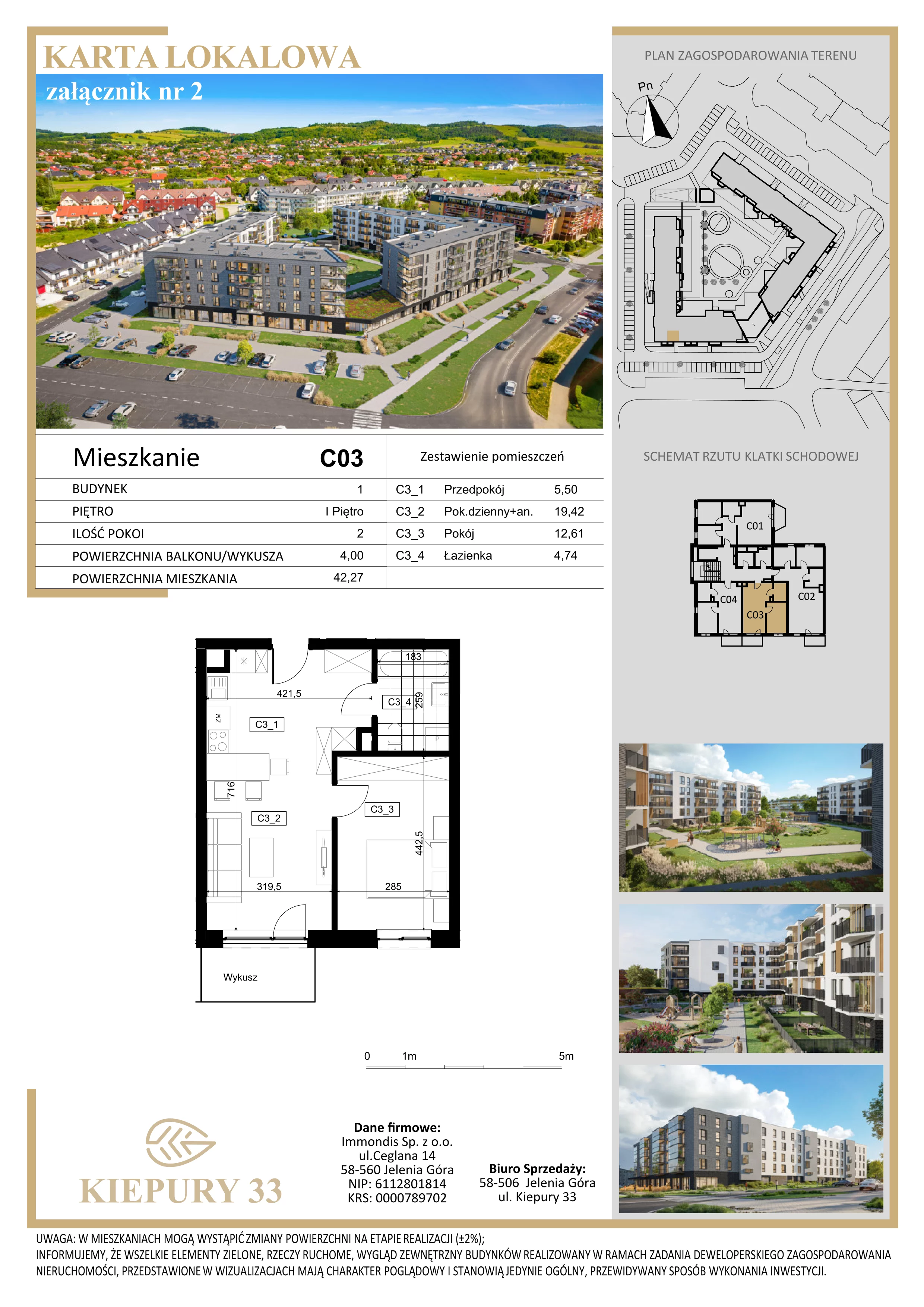 2 pokoje, mieszkanie 42,27 m², piętro 1, oferta nr C03, Kiepury 33, Jelenia Góra, Zabobrze, ul. Jana Kiepury
