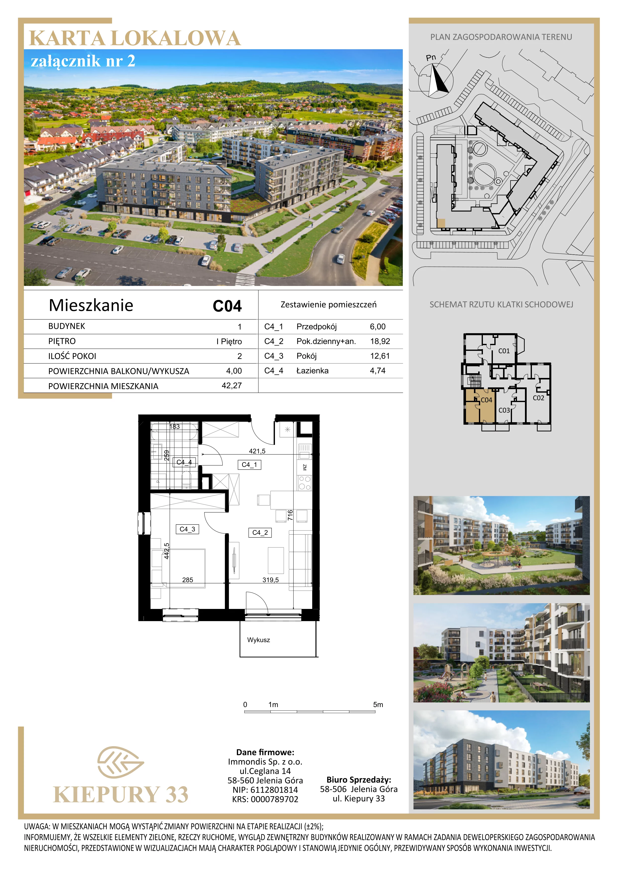 2 pokoje, mieszkanie 42,27 m², piętro 1, oferta nr C04, Kiepury 33, Jelenia Góra, Zabobrze, ul. Jana Kiepury
