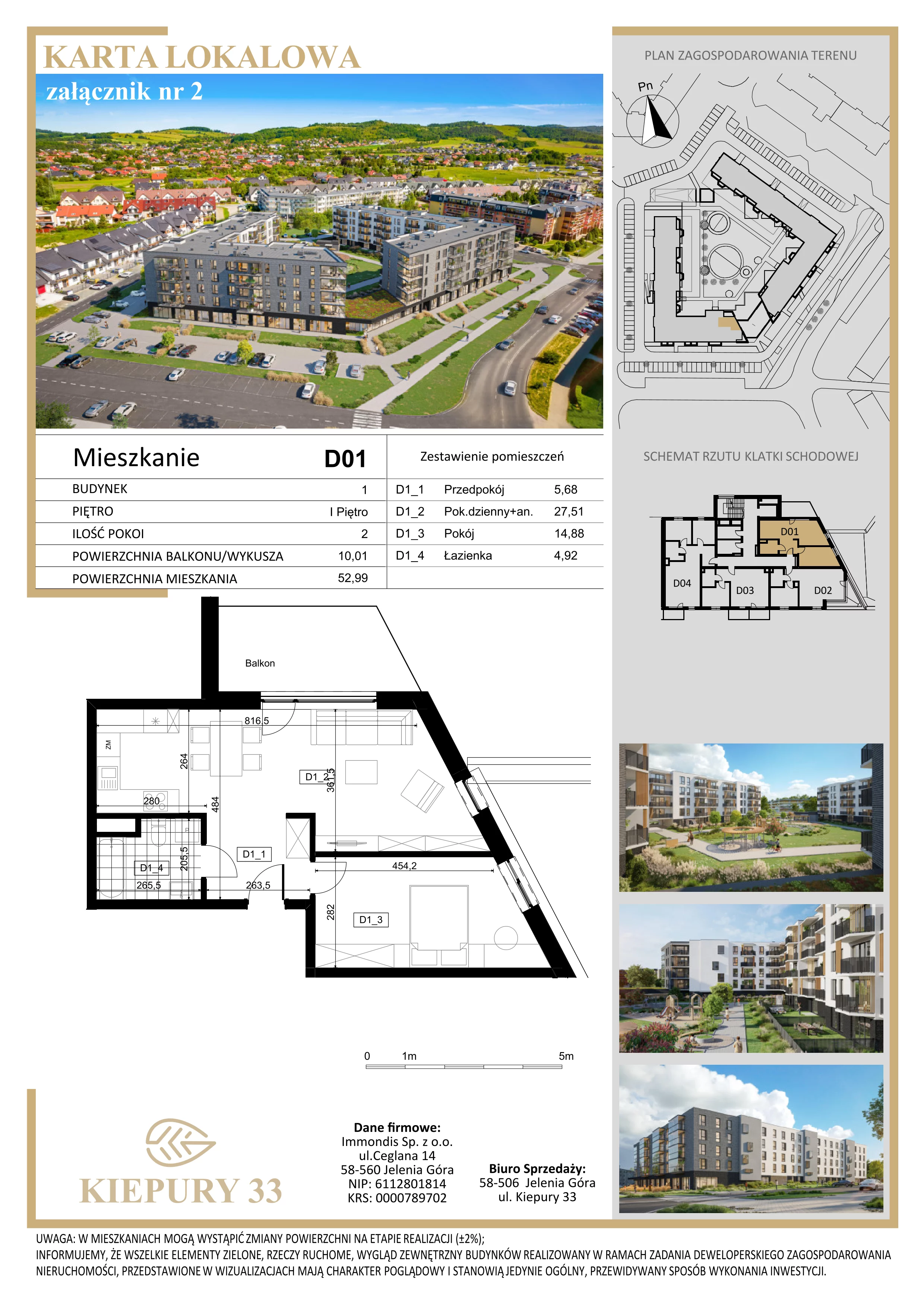 2 pokoje, mieszkanie 52,99 m², piętro 1, oferta nr D01, Kiepury 33, Jelenia Góra, Zabobrze, ul. Jana Kiepury