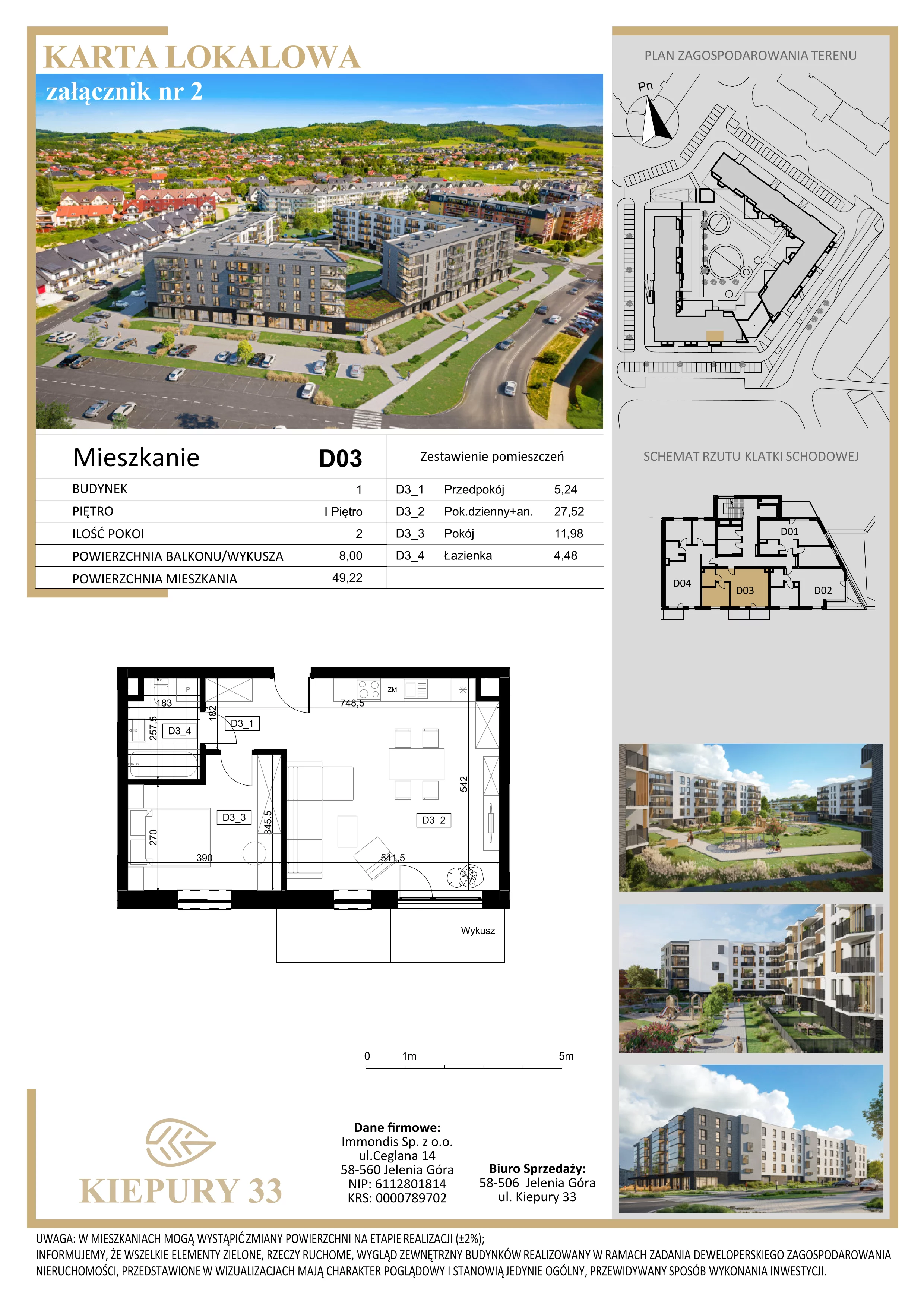 2 pokoje, mieszkanie 49,22 m², piętro 1, oferta nr D03, Kiepury 33, Jelenia Góra, Zabobrze, ul. Jana Kiepury