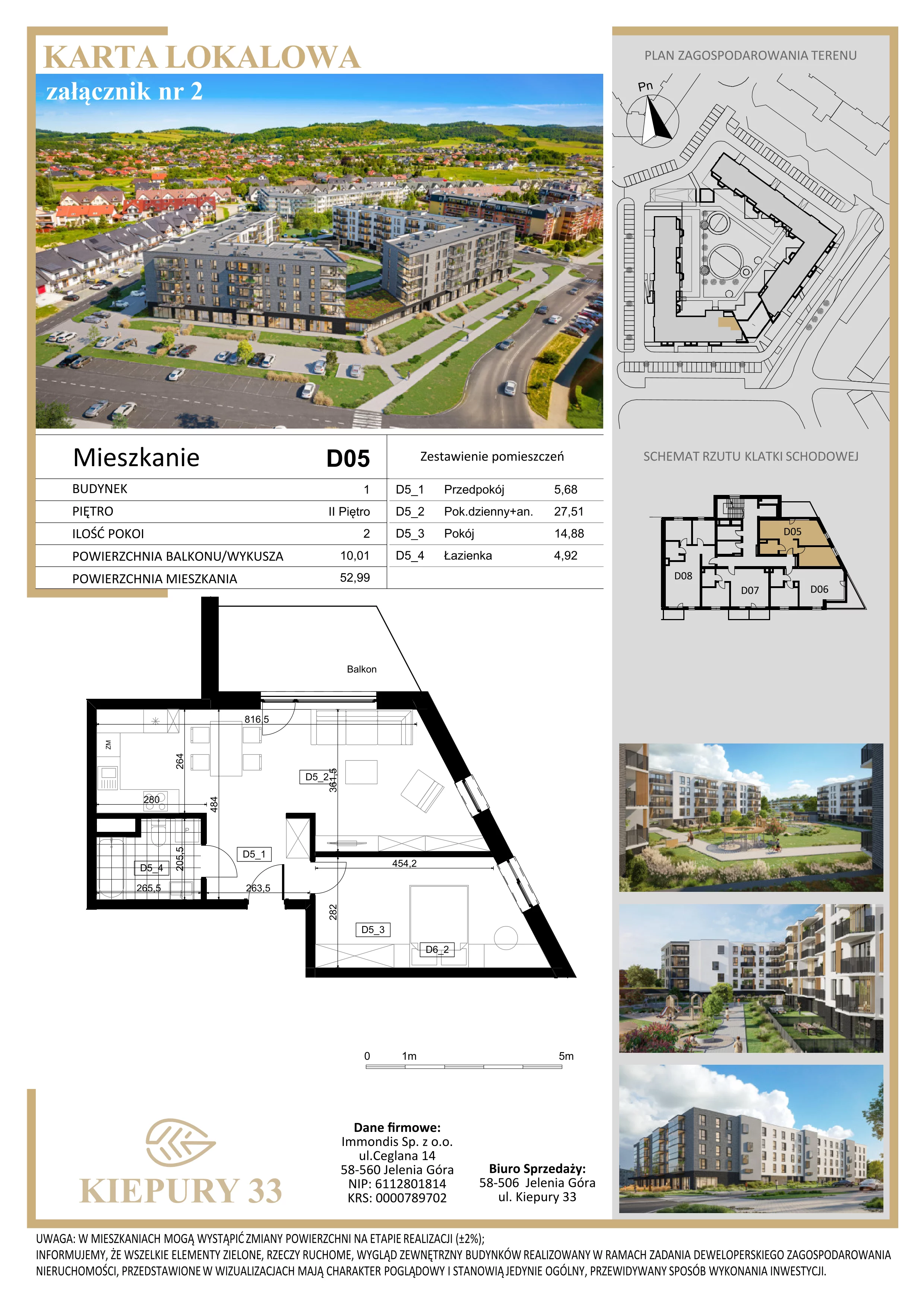 2 pokoje, mieszkanie 52,99 m², piętro 2, oferta nr D05, Kiepury 33, Jelenia Góra, Zabobrze, ul. Jana Kiepury